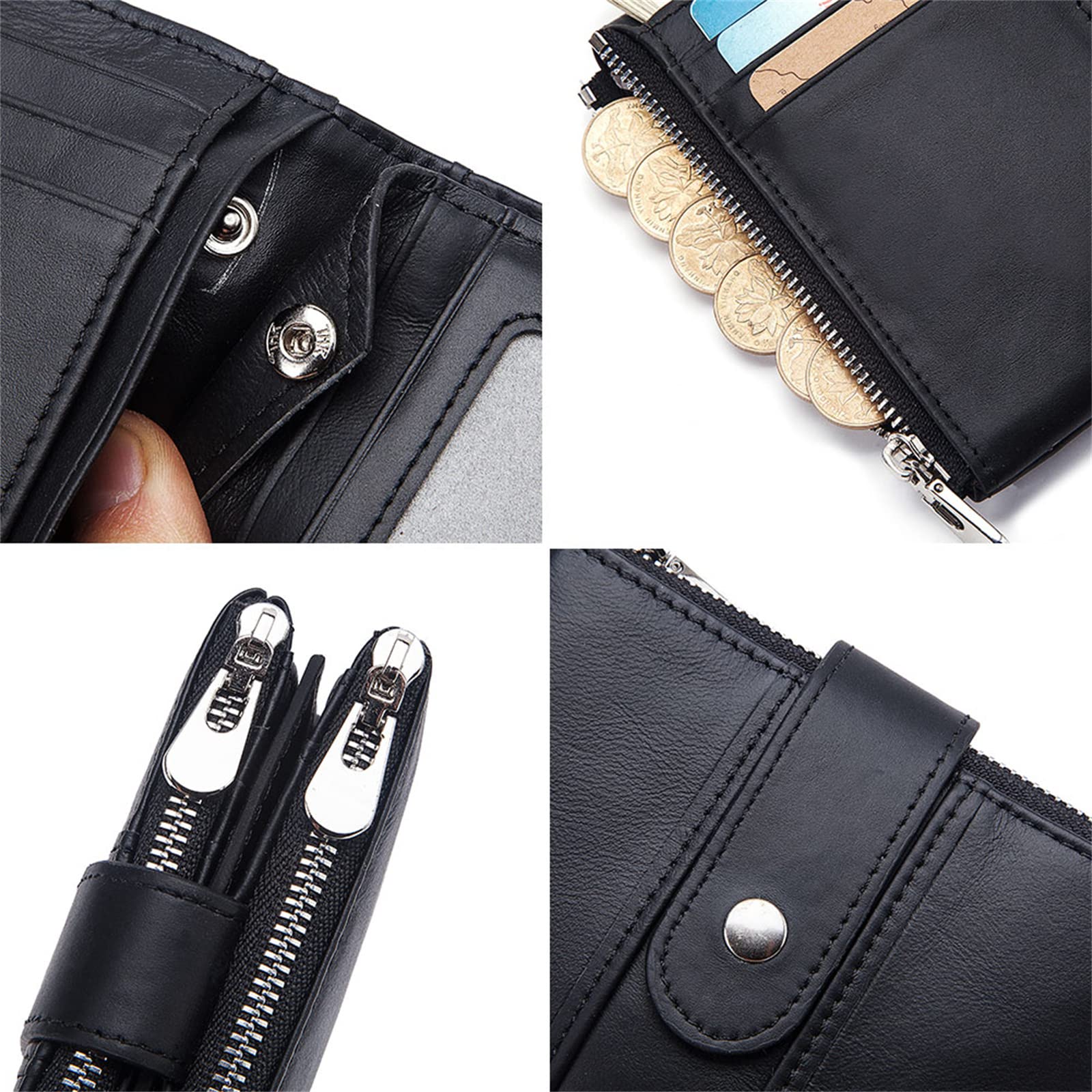 Cartera Hombre y Mujer Cuero Genuino Bloqueo RFID Billeteras Bifold con Monedero con Cremallera Botón a presión Tarjetero Ranuras Portamonedas Pequeña Carteras con Cadena Regalo