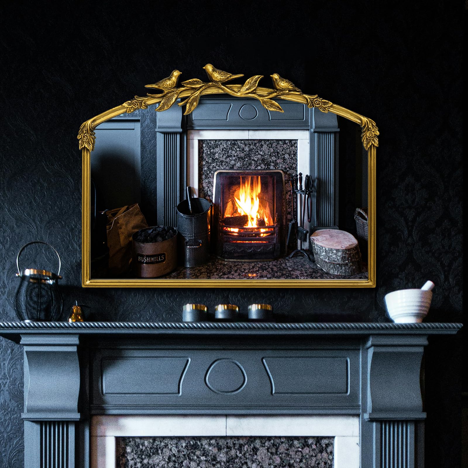Miroir Baroque doré Antique 80 x 60(H) cm – Cadre Vintage en Fonte avec Fleurs en résine sculptées à la Main, Miroir Mural incassable pour Salle de Bain, Salon et Chambre à Coucher