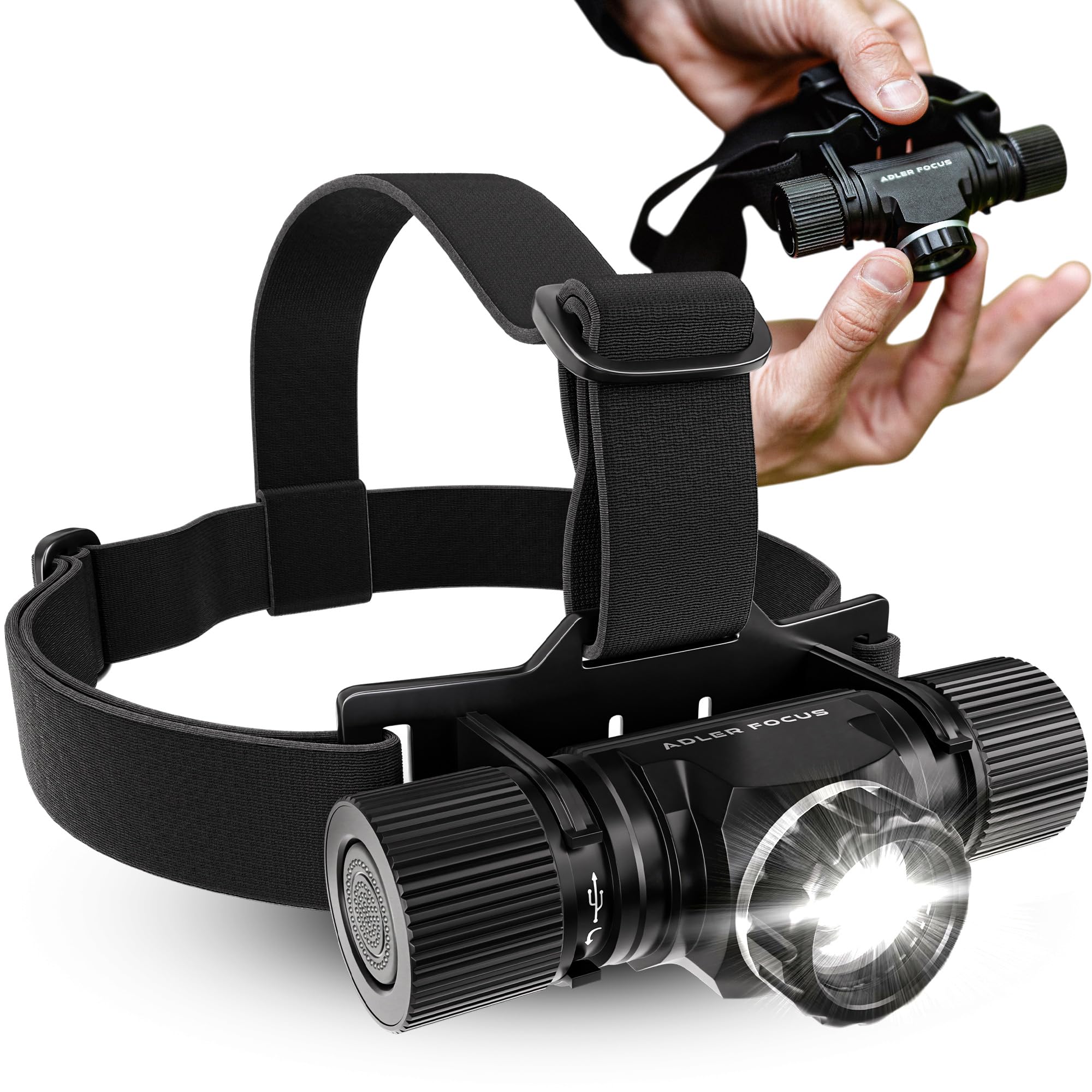 Lampe frontale (1000 lumens, autonomie de 24 heures) – Lampe frontale LED rechargeable – Extrêmement lumineuse – Focalisable [Classe énergétique A]