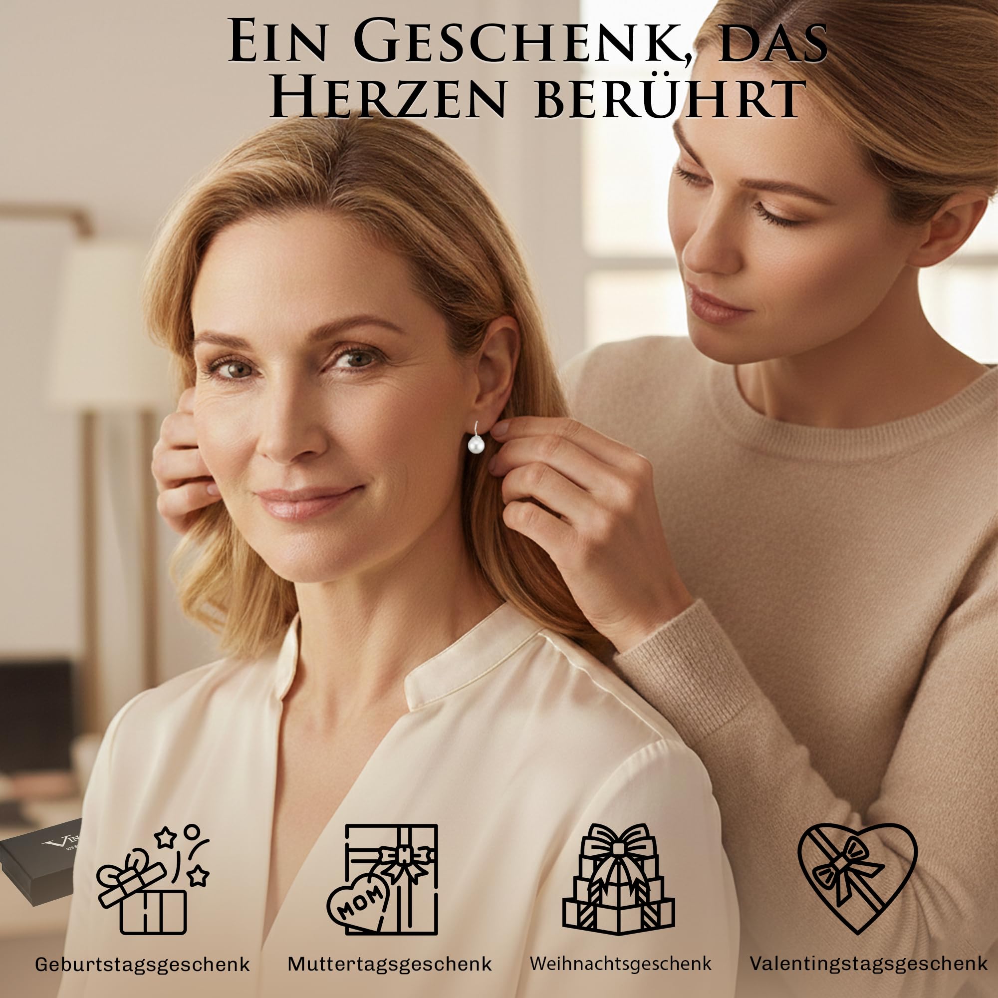 Vinani Damen Perlen Ohrringe 925 - Silber Ohrring Set aus 925 Sterling Silber für Frauen - großer weißer Muschelkern - OPL