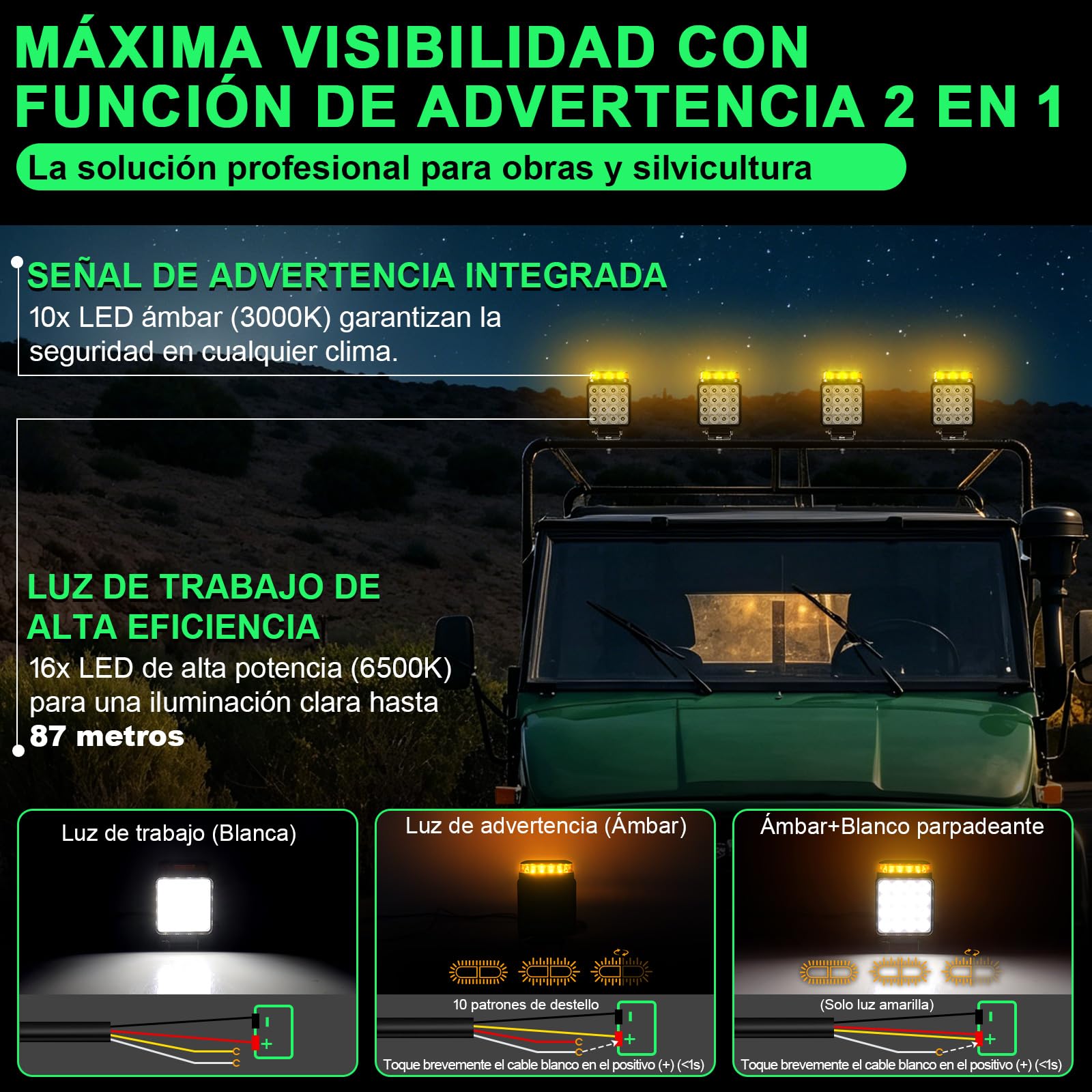 2x Faros de Trabajo LED con Luz de Advertencia (10 Modos), 18W 12V 24V Foco Adicional para Tractor, Camión y Excavadora, IP68 Impermeable y Resistente al Barro, 2 en 1 Luz de Marcha Atrás