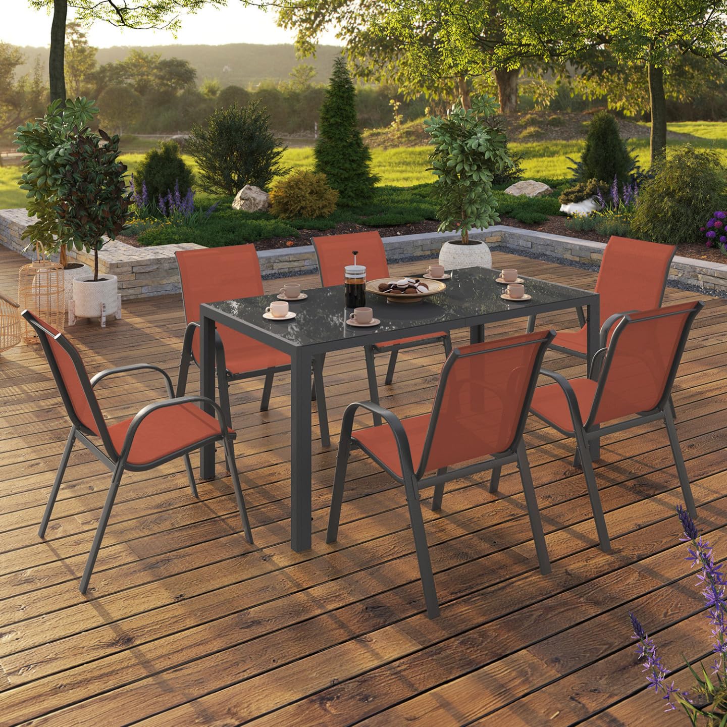 IDMarket - Salon de Jardin Madrid Table 150 CM et 6 chaises empilables Terracotta et Gris