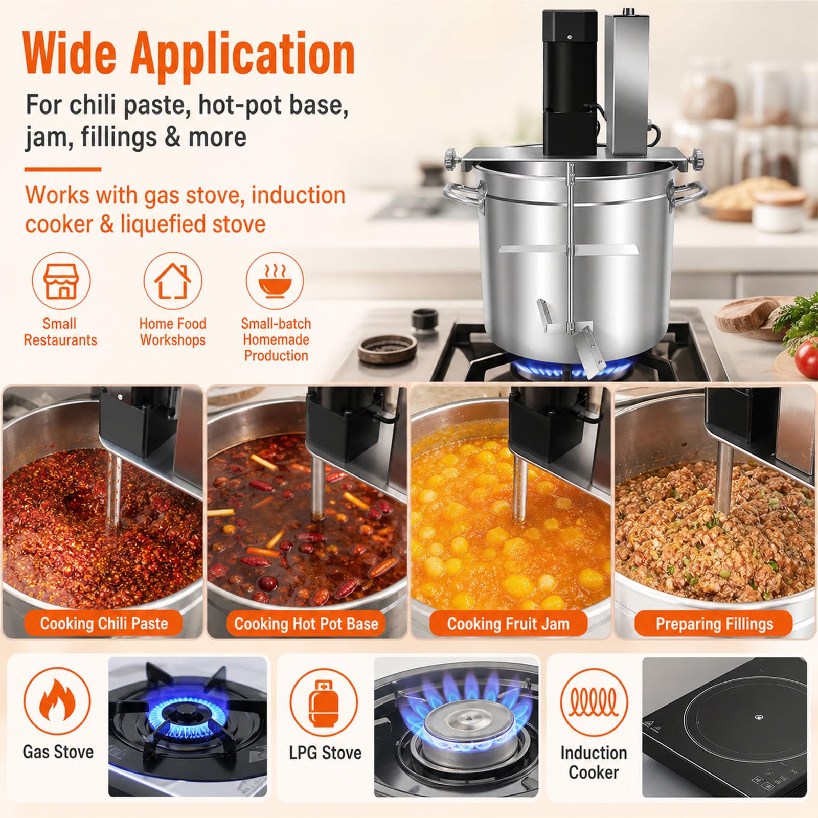 Mezclador AutomáTico Alimentos, Mezcladora AutomáTica De 4 Cuchillas, Calentamiento Uniforme Y AgitacióN EléCtrica para Evitar Quemaduras, AdemáS 50L