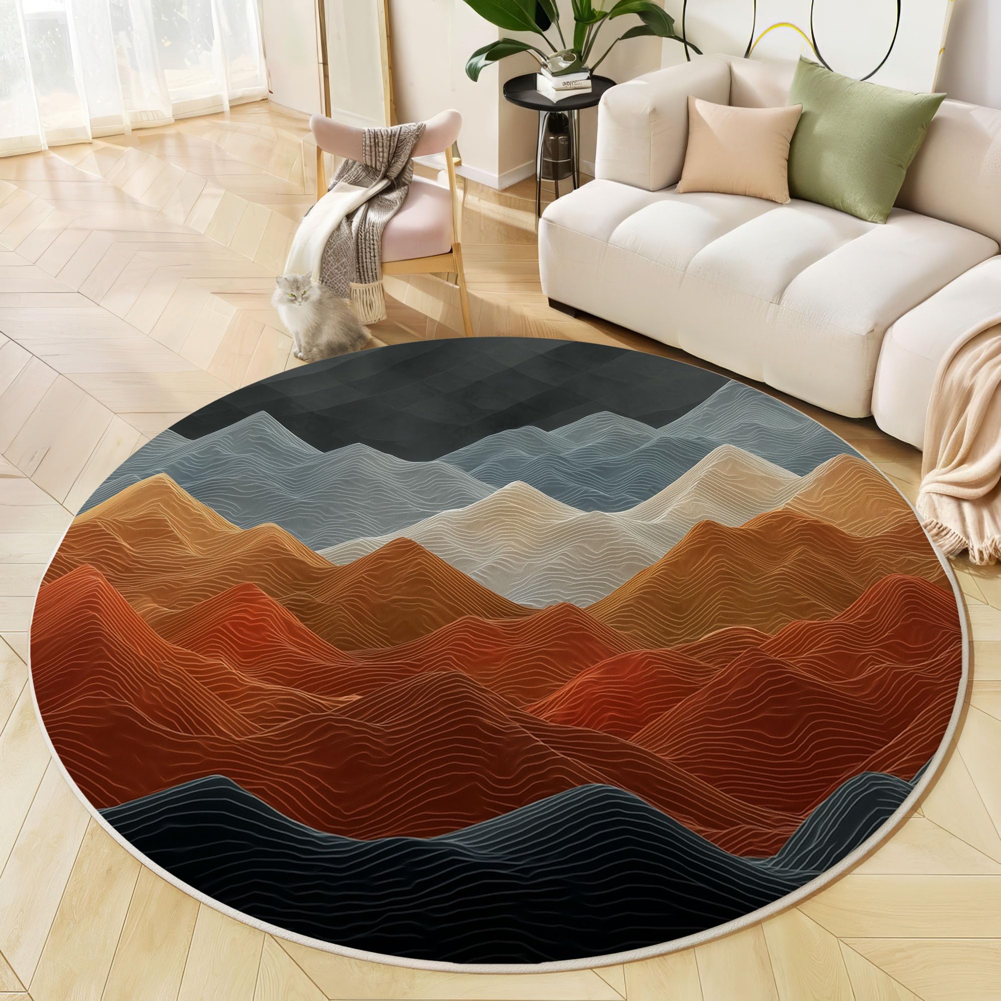 Tapis de chambre rond vagues abstraites brun rouille