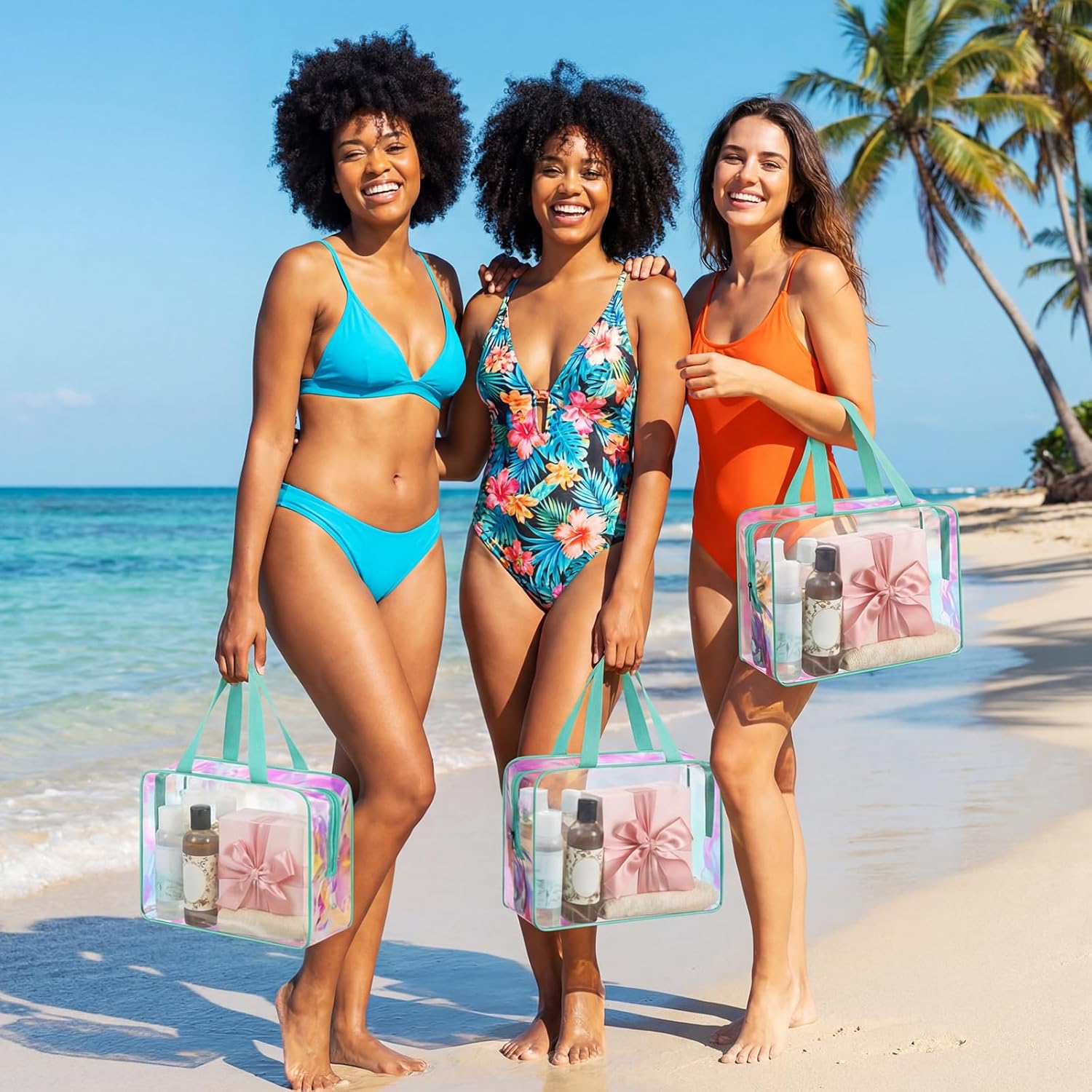 Sweetude 6 Pcs Large Clear Toiletry Bag Large Capacity Travel Iridescent Makeup Bag PVC Clear Plastic Tote Punch Cosmetic Clothes Organizer for Women Men (Turquoise)