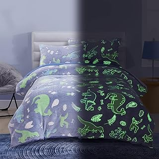 HOMBYS Glow in The Dark Comforter Set 5 Piece Twin/Twin XL with Sheets, Blue Dinosaur Velvet Bedding Comforter Sets for Twin Bed, Ultra Soft Down Alternative Comforter for Boys Kids, Bed in a Bag