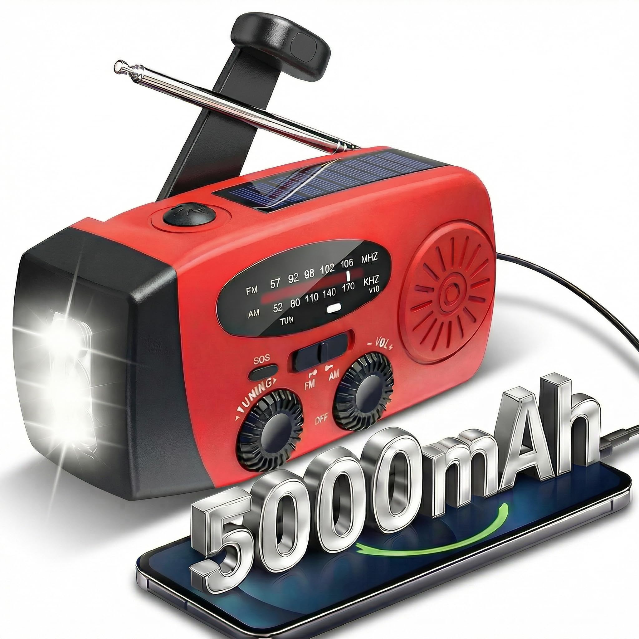 Radio Solar de Emergencia 5000mAh, ZDAGELD Radio Manivela Am/FM, Portátil Power Bank con Linterna LED, USB-C, SOS, Equipo de Supervivencia para Camping, Senderismo y Cortes de Luz