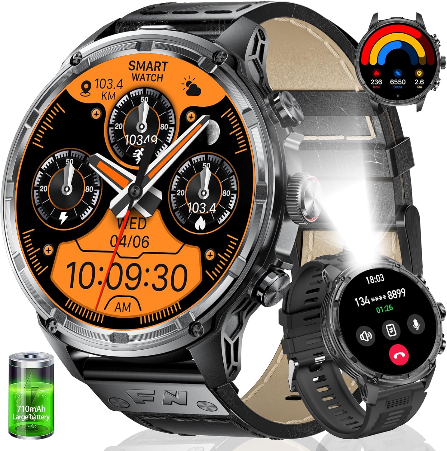 Smart Watch for Men(LED Flashlight), 1.85″ Extra Large Smartwatch, 800mAh Extra-Long Battery, IP67 Waterproof Fitness Tracker Watch, 100+ Sports Mode/Heart Rate/Sleep Monitor for Android iOS