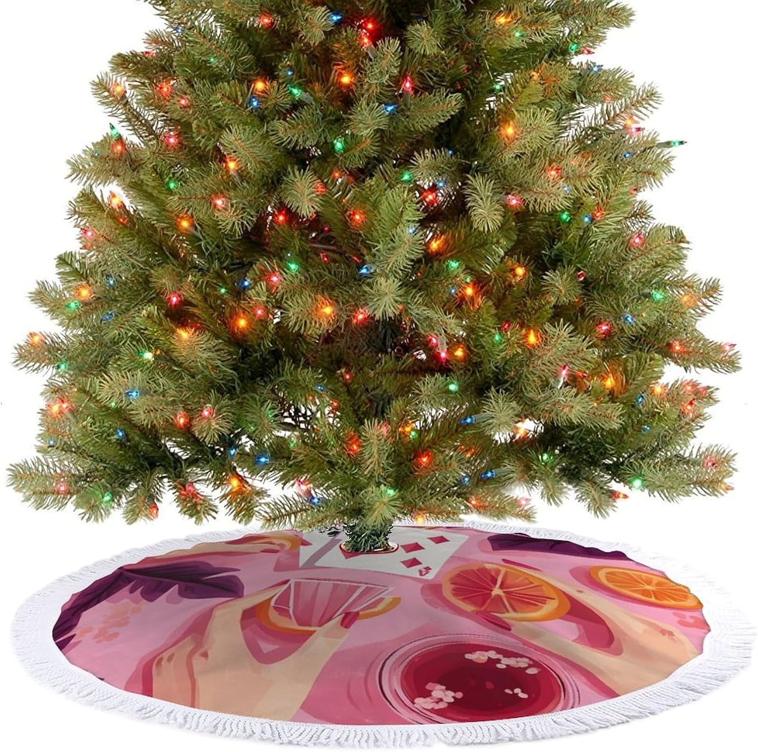 Vintage Poker Christmas Tree Skirt Round Xmas Tree Mat Ornaments Tree Skirts with Tassels for Holiday Party