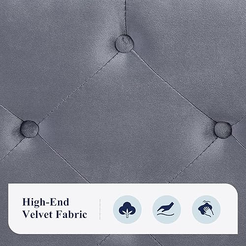 Miniatura 44 de Allewie Base de cama tapizada de terciopelo de tamaño matrimonial con botón de diamante ajustable y cabecera con ribete de clavos, soporte de Azul