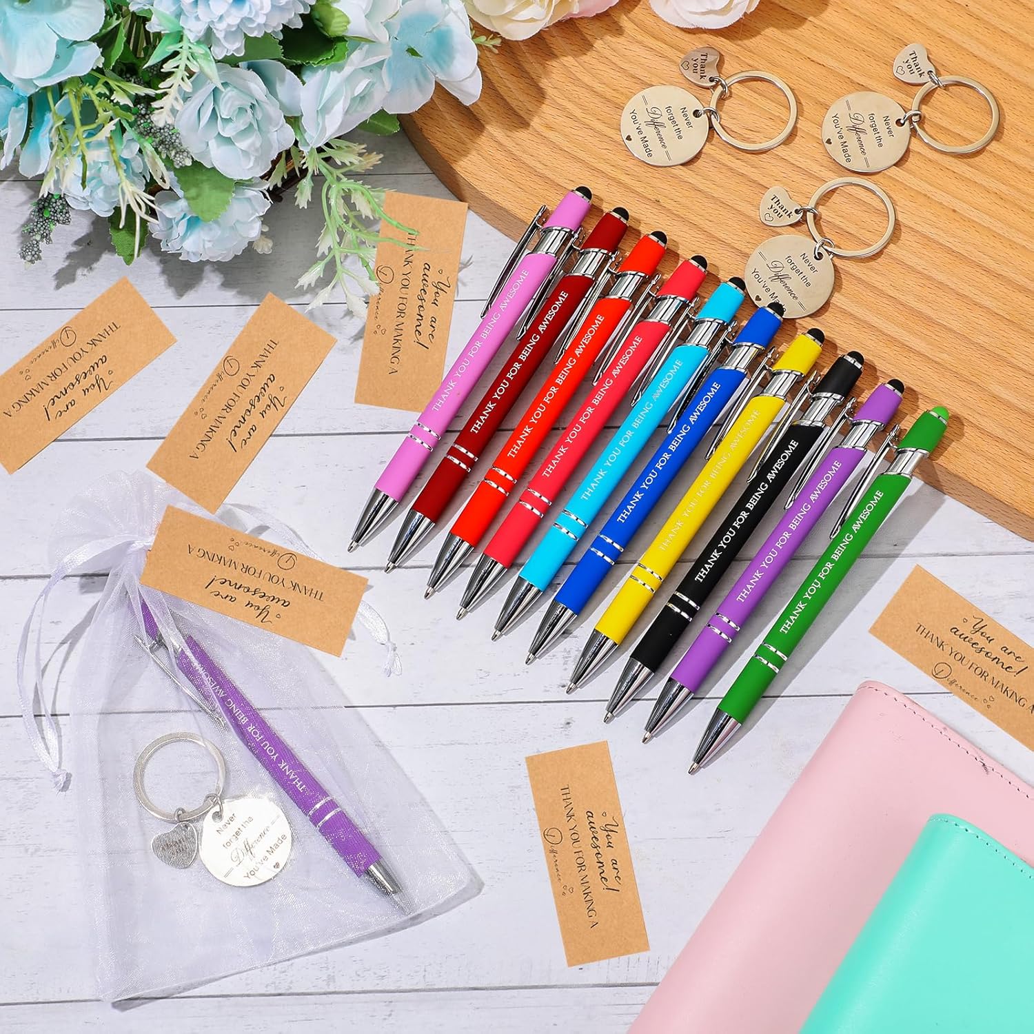 Lincia 20 Set Thanks Appreciation Gift Pens 20 Inspirational Ballpoint Pen 20 Stainless Steel Keychains and 20 Organza Bags 20 Thanks Cards for Colleague Gift(Thankful,Vintage Color)