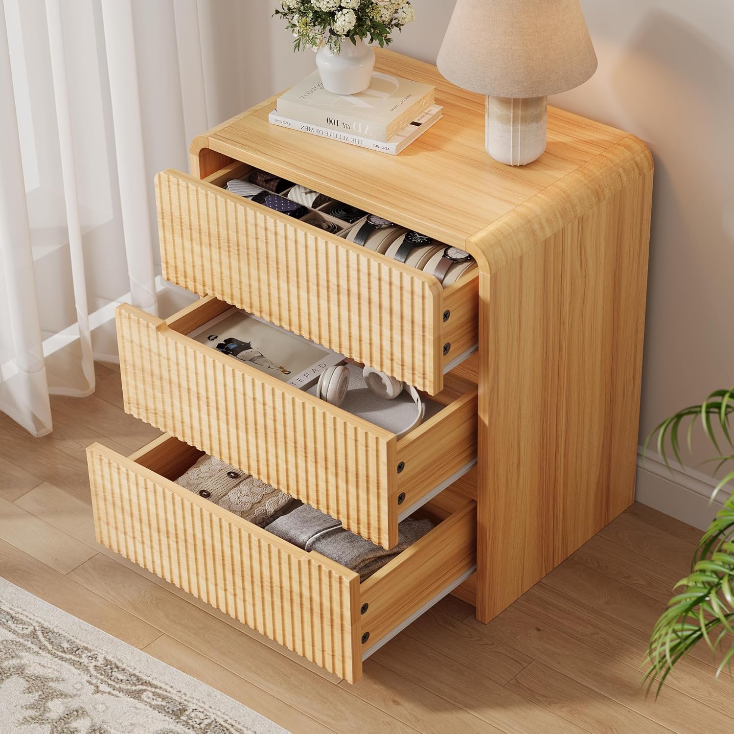 Fluted Dresser for Bedroom, 3 Drawer Dressers for Closet Small Wood Dresser Modern TV Stand, Wooden Clothes Storage Organizer Chest of Drawers for Living Room Hallway Entryway