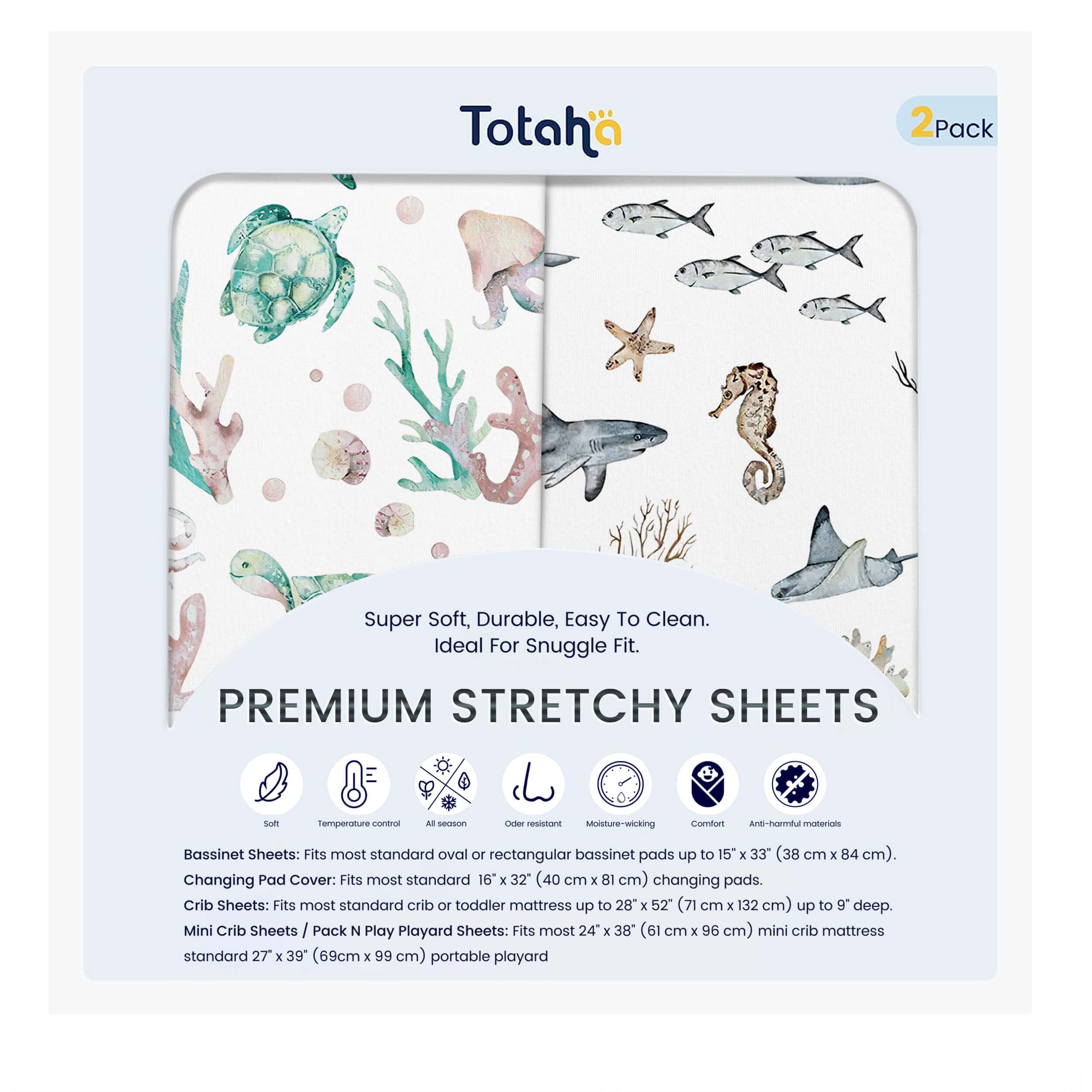 TotAha Premium Soft Pack n Play Sheets, Super Stretchy Jersey Knit Mini Crib Sheets Fitted, Silky Comfort Pack and Play Mattress Sheets, 2 Pack (Sea Animal)