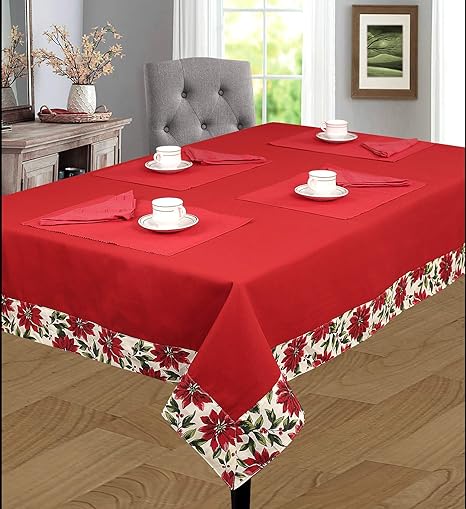 SHADES OF LIFE Cotton Plain Red With Printed Border Dining Table Cover (60 * 90, 6 Seater) (Red), Rectangular