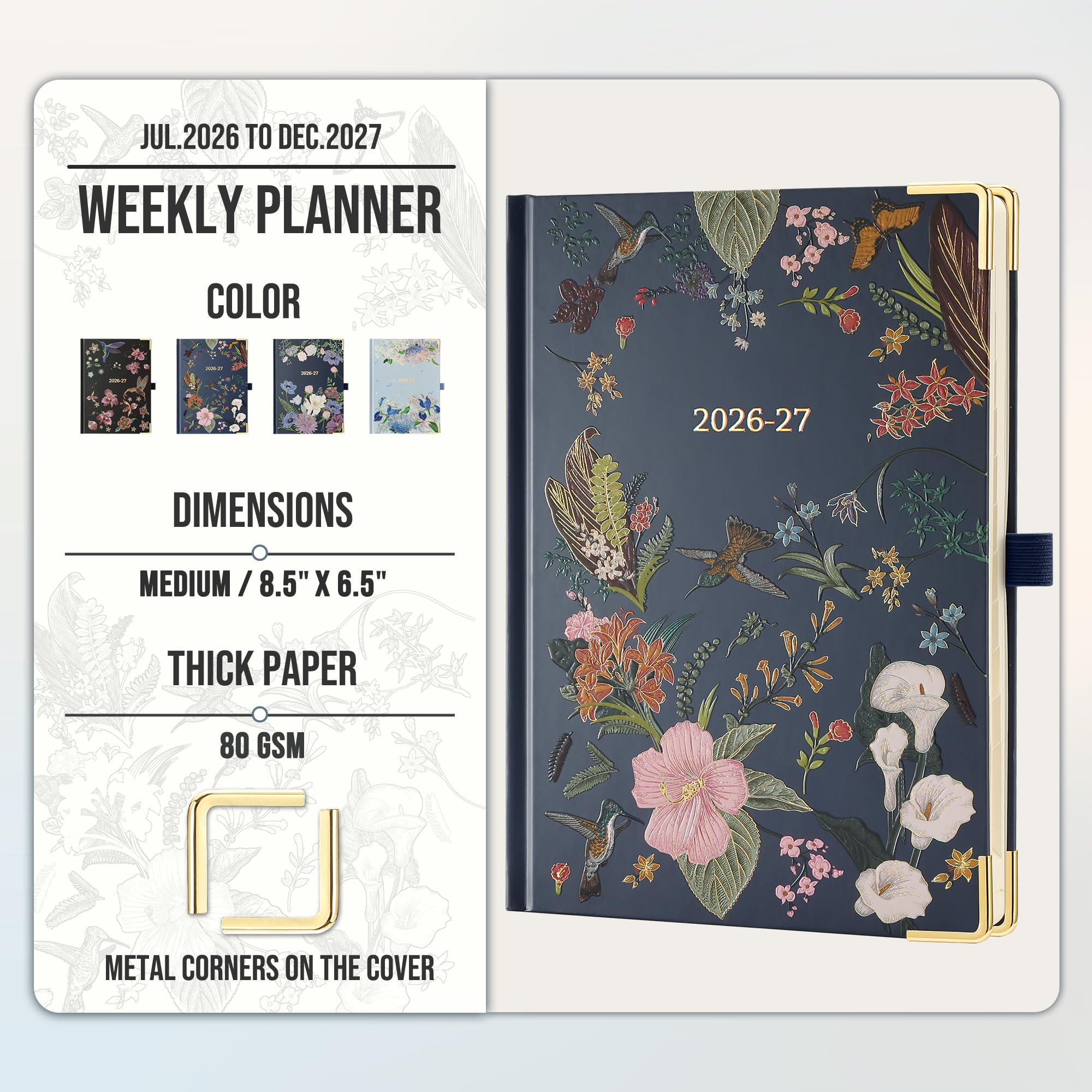 Agenda semanal y mensual 2026-2027 con ranuras horarias, calendario académico de 18 meses de julio de 2026 a diciembre de 2027, diseño vertical, pestañas mensuales, tapa dura con diseño de