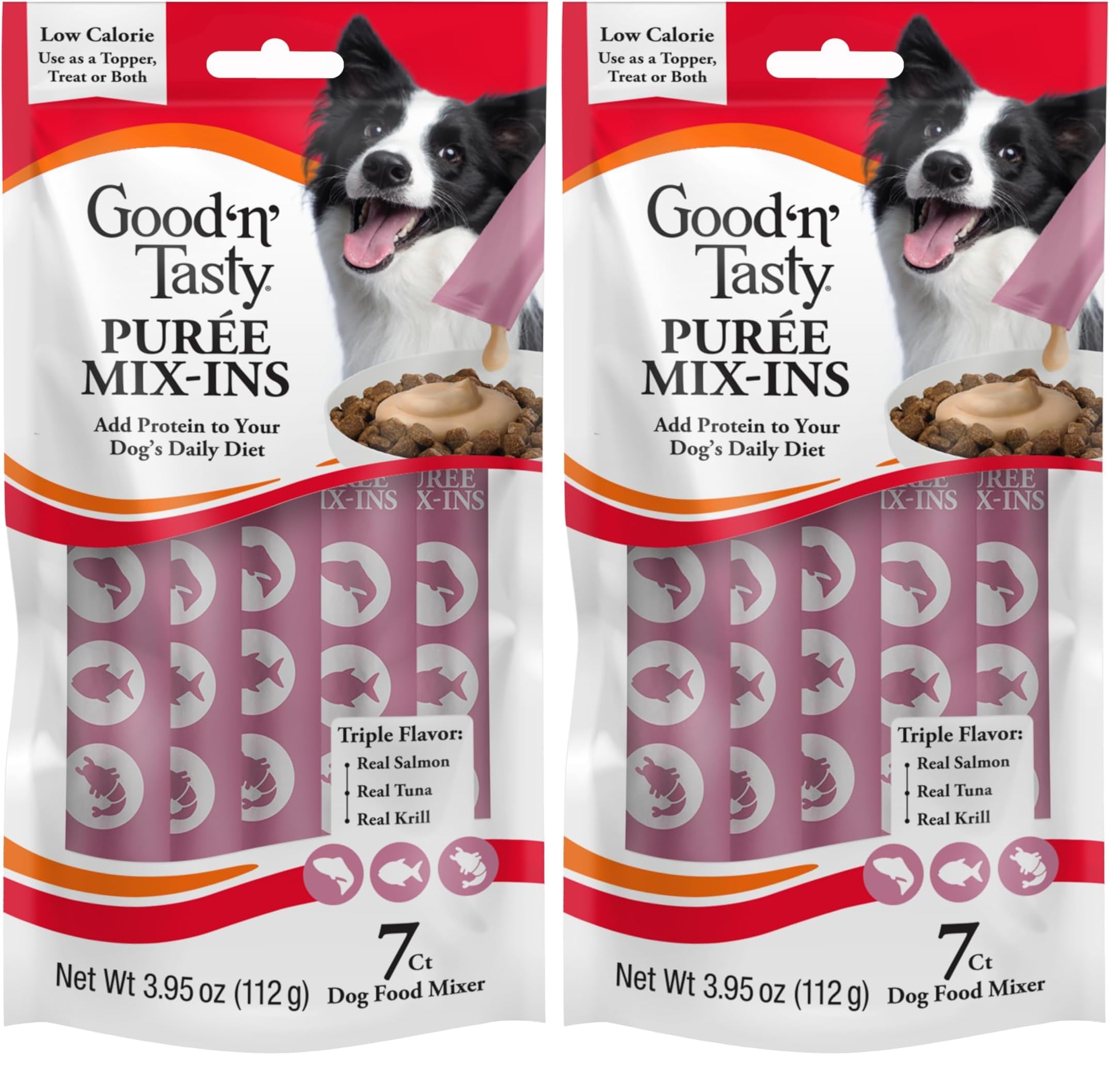 Good 'n' Tasty Triple Flavor Puree Mix-Ins Dog Food Topper Treats for All Dogs, 7 Count, Easy Single-Serve Portions, Added Protein with Salmon, Tuna and Krill, No Chicken or Beef Added (Pack of 2)