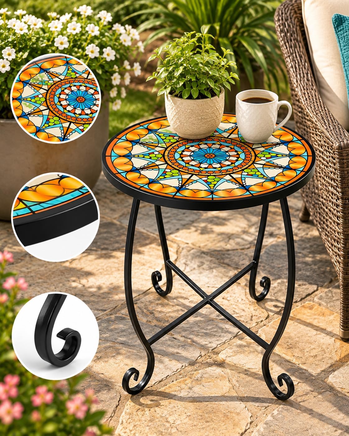 Small Mosaic Outdoor Side Table, 14-Inch Round Metal Patio Table