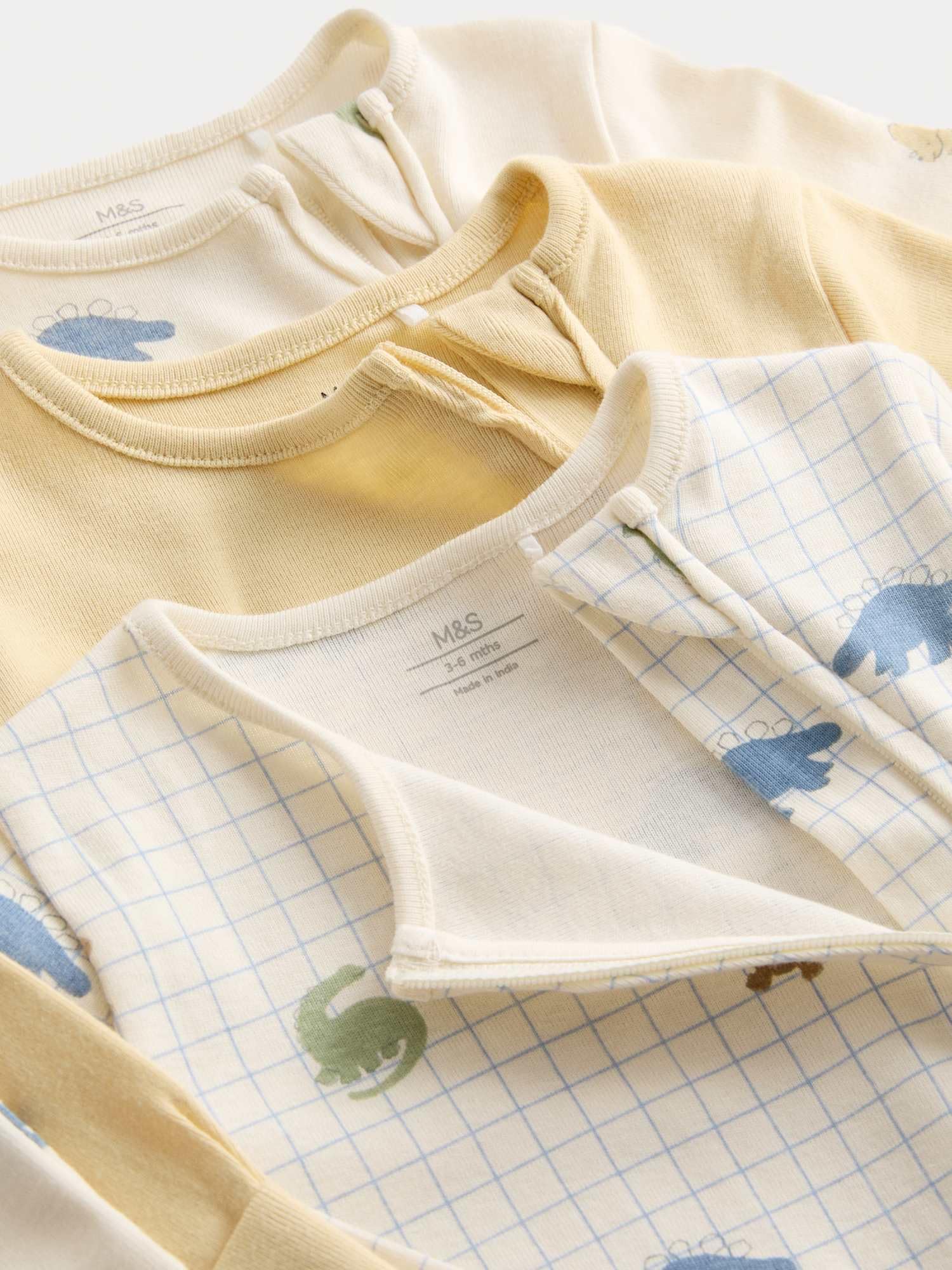 Marks & Spencer Grenouillères Bébé Lot de 3 en Pur Coton Imprimé Dinosaures, Mixte Garçon et Fille, Coupe Standard