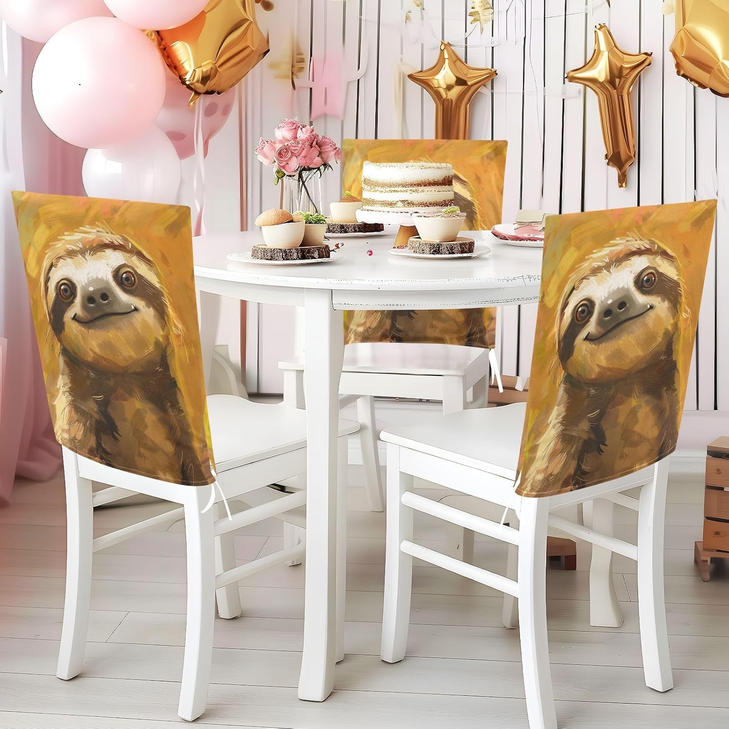ALAZA Sloth Yellow Chair Back Cover Set of 6, Washable Reusable Removable Chair Slipcovers Decorative Chair Cover for Home Kitchen Wedding Party
