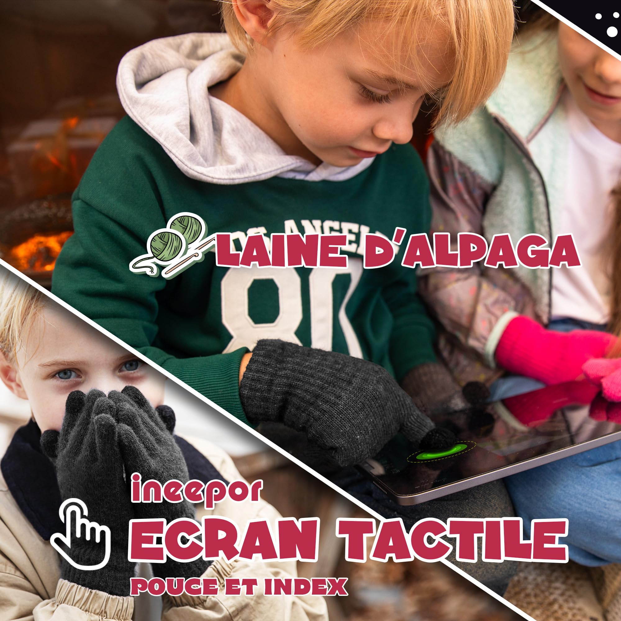 ineepor Gants Hiver Enfant en Alpaga Double Couche Gants Chaud Enfant avec Doublure Polaire Isolante et Chaude pour Garçons et Filles 3-12 Ans