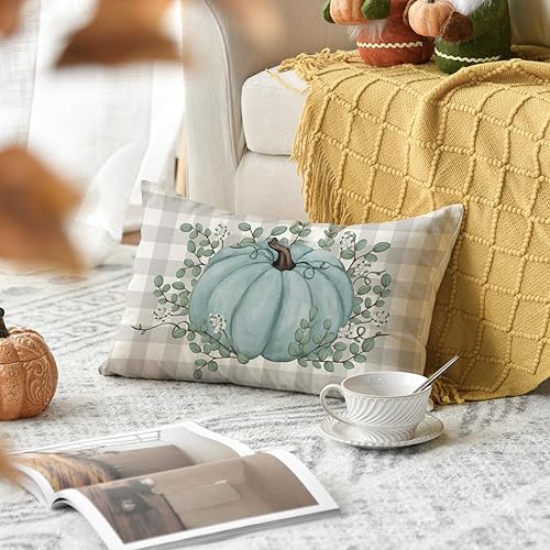 Miniatura 2 de AVOIN colorlife Funda de almohada de hojas de eucalipto de calabaza verde azulado de 12 x 20 pulgadas, decoración de otoño y otoño, cosecha de