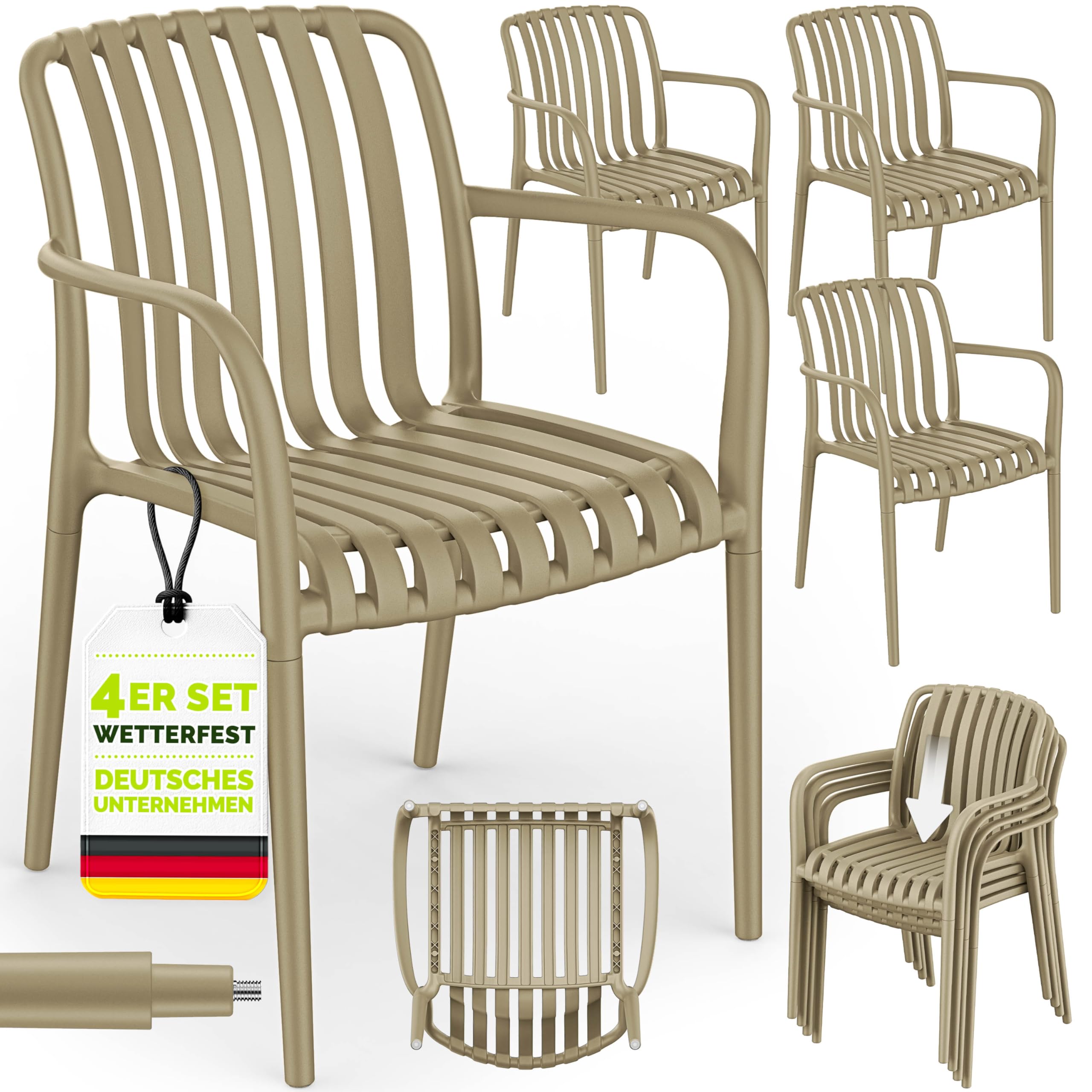 tillvex® Gartenstühle 4er Set Stapelbar Wetterfest mit Armlehne | Outdoor Stühle bis 120kg belastbar | Gartenstühle Outdoor | Terrassenstuhl Gartenmöbel Balkon Garten Terrasse