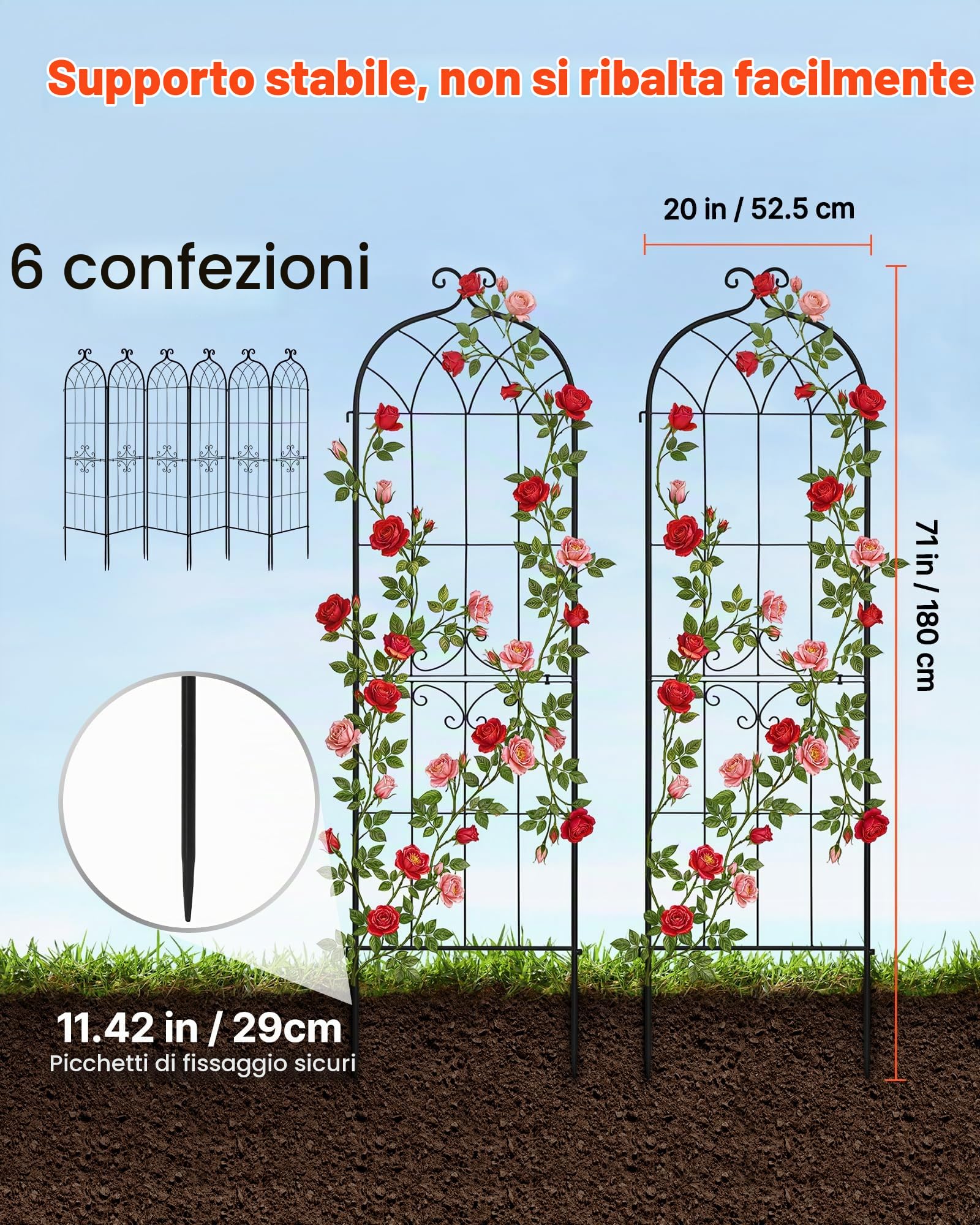 VEVOR Set 6 pz Traliccio da Giardinaggio 180x52,5 cm, Pannello da Giardino in Metallo con Finitura Verniciata a Polvere, Collegabili, Grigliato da Supporto Divisorio Decorativo per Rose Rampicanti