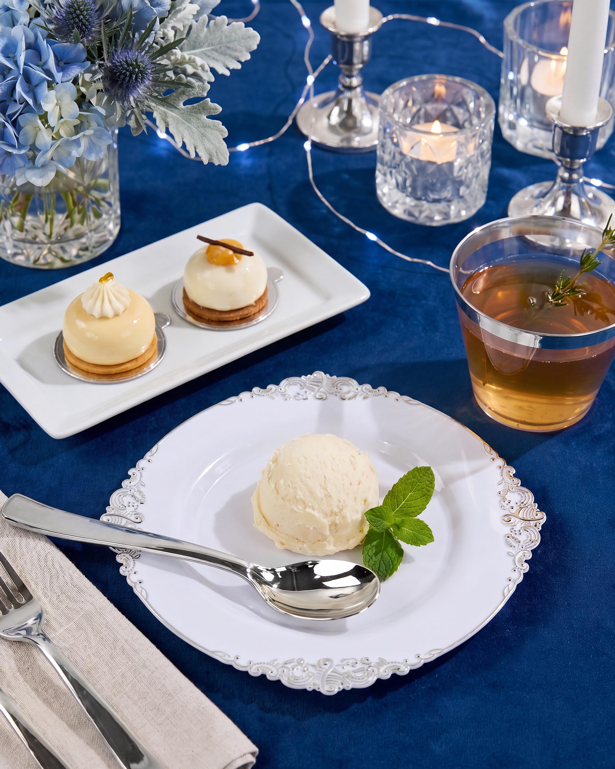 100 Guest Disposable Plates - Silver & White Dinnerware -2