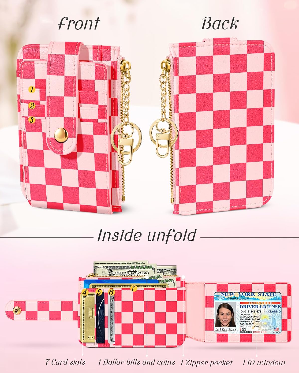 Bistup Credit Card Holder Wallet for Women - Cute Small for Ladies Teen Girls Female Rfid Checkered Plaid Leather Cardholder Wallets Organizer Purse Girly Aesthetic Print Unique Zipper - Image 3