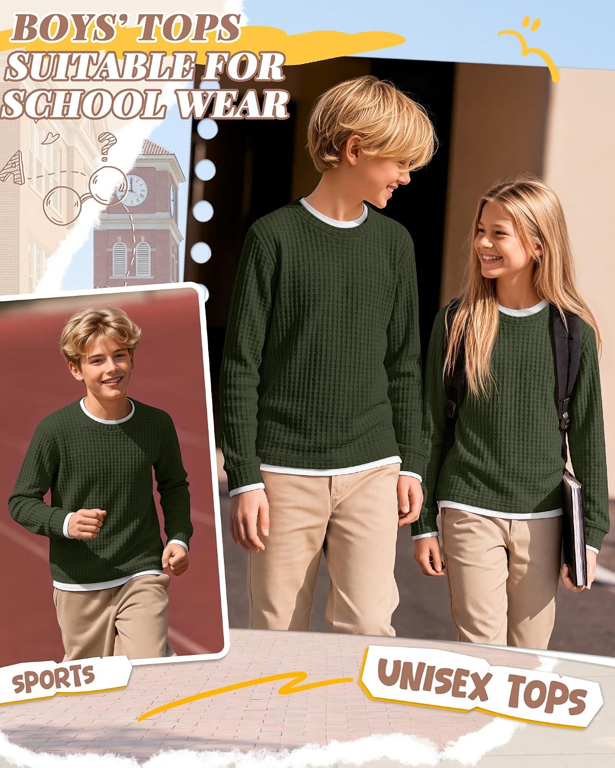 Boys Waffle Long Sleeve Shirts Crew Neck Tops