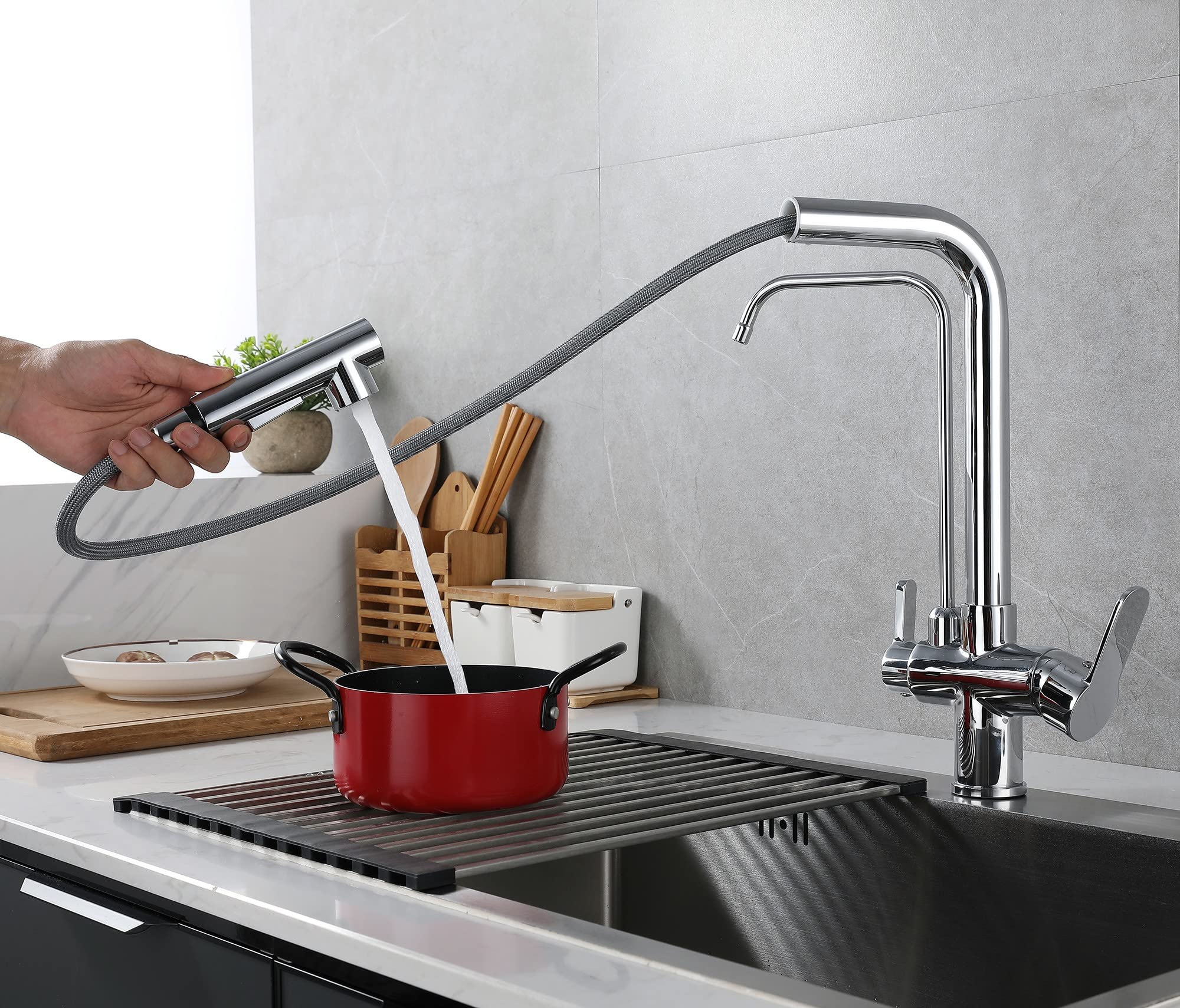 Grifo Cocina Osmosis Extraible, Grifo De Cocina Ósmosis Con 3 Vías,360° Giratorio Grifo Para Fregadero Cobre Grifo Monomando Para Agua Fría Y Caliente (Cromo)