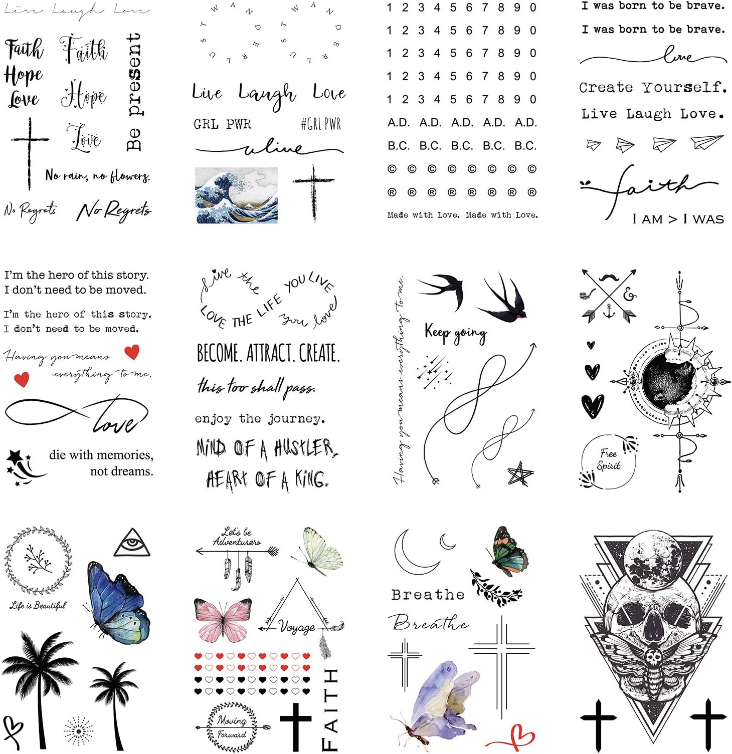 Everjoy Realistic Temporary Tattoos - 16 Sheets, Inspirational Quotes, Live Laugh Love, Faith, Hope, Breathe, Boho, Butterfly, Heart, Cross, Infinity Tattoos