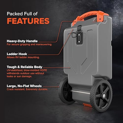 Miniatura 34 de Camco Rhino Tanque de basura portátil para vehículos recreativos de 28 galones con manguera y accesorios, duradero, sin fugas e inodoro (39004)