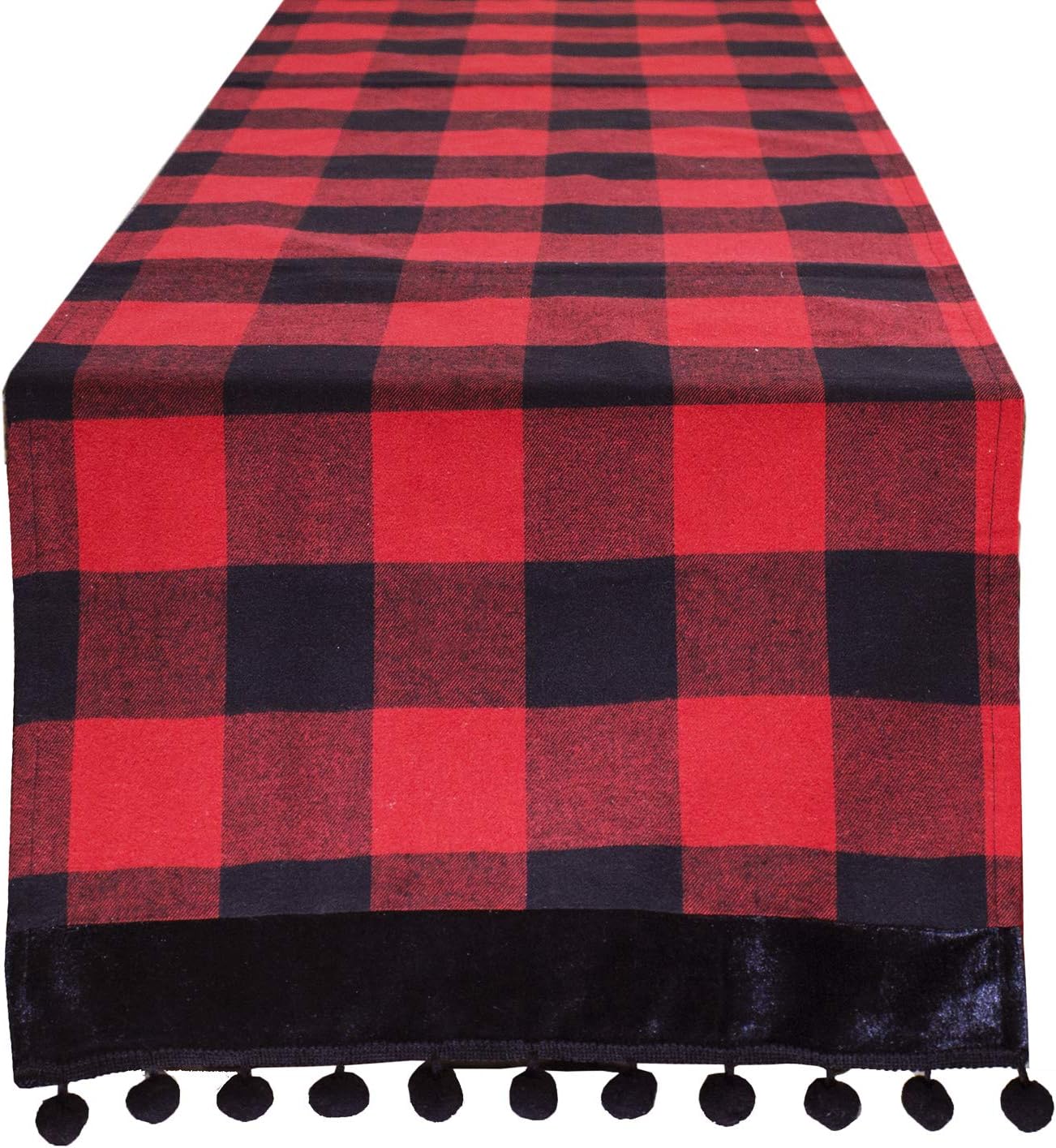 Fennco Styles Buffalo Plaid Red and Black Velvet Pom Pom Trim Design Cotton Table Runner 16" W x 72" L - Holiday Plaid for Christmas, Home, Dinding Table Décor, Banquet and Special Occasion