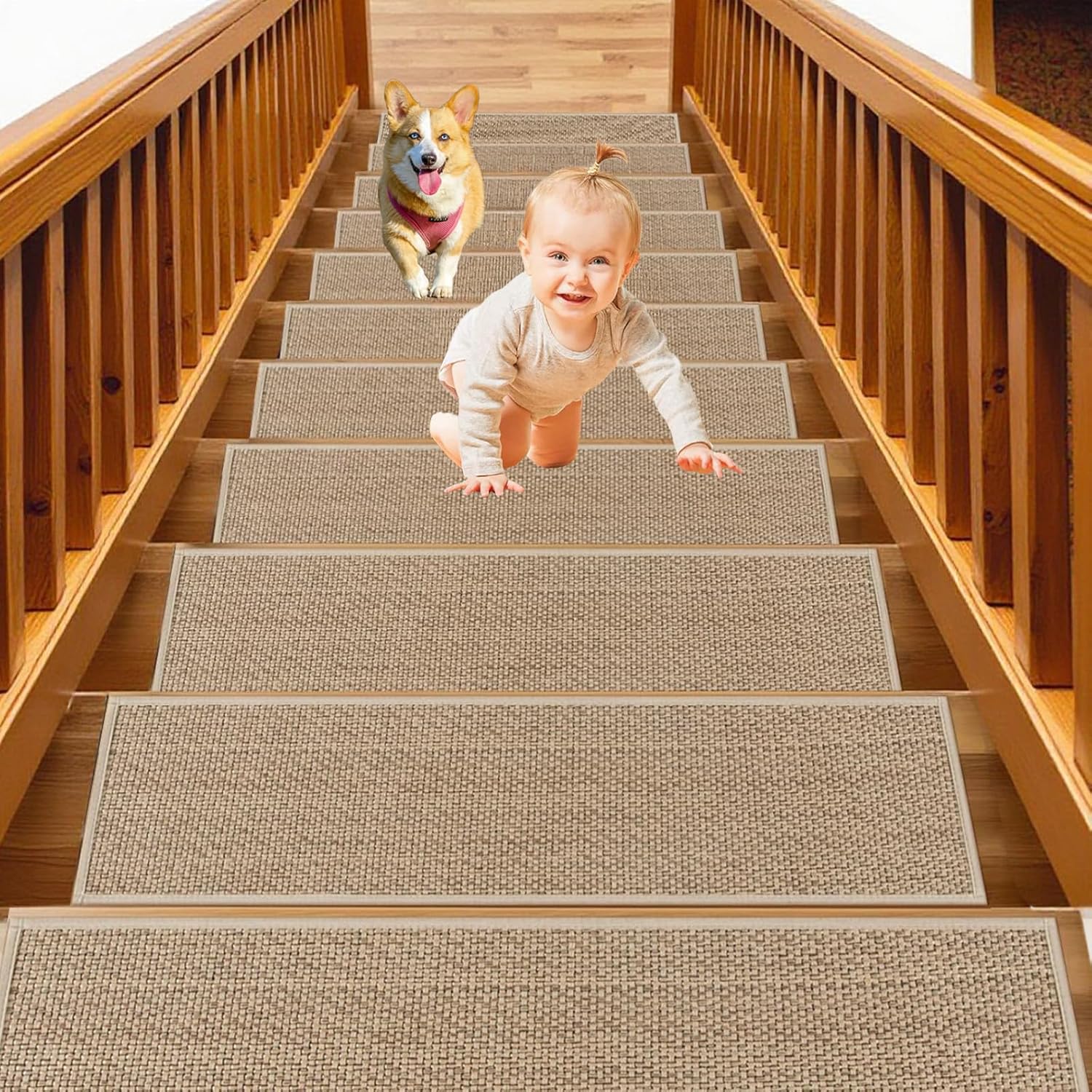 Stair Treads Non-Slip Indoor – 8″ x 30″ (15 Pack) Rubber Backing Stair Tread Carpet for Wooden Steps, Machine Washable Stair Runners for Kids, Elders, and Pets (Beige)
