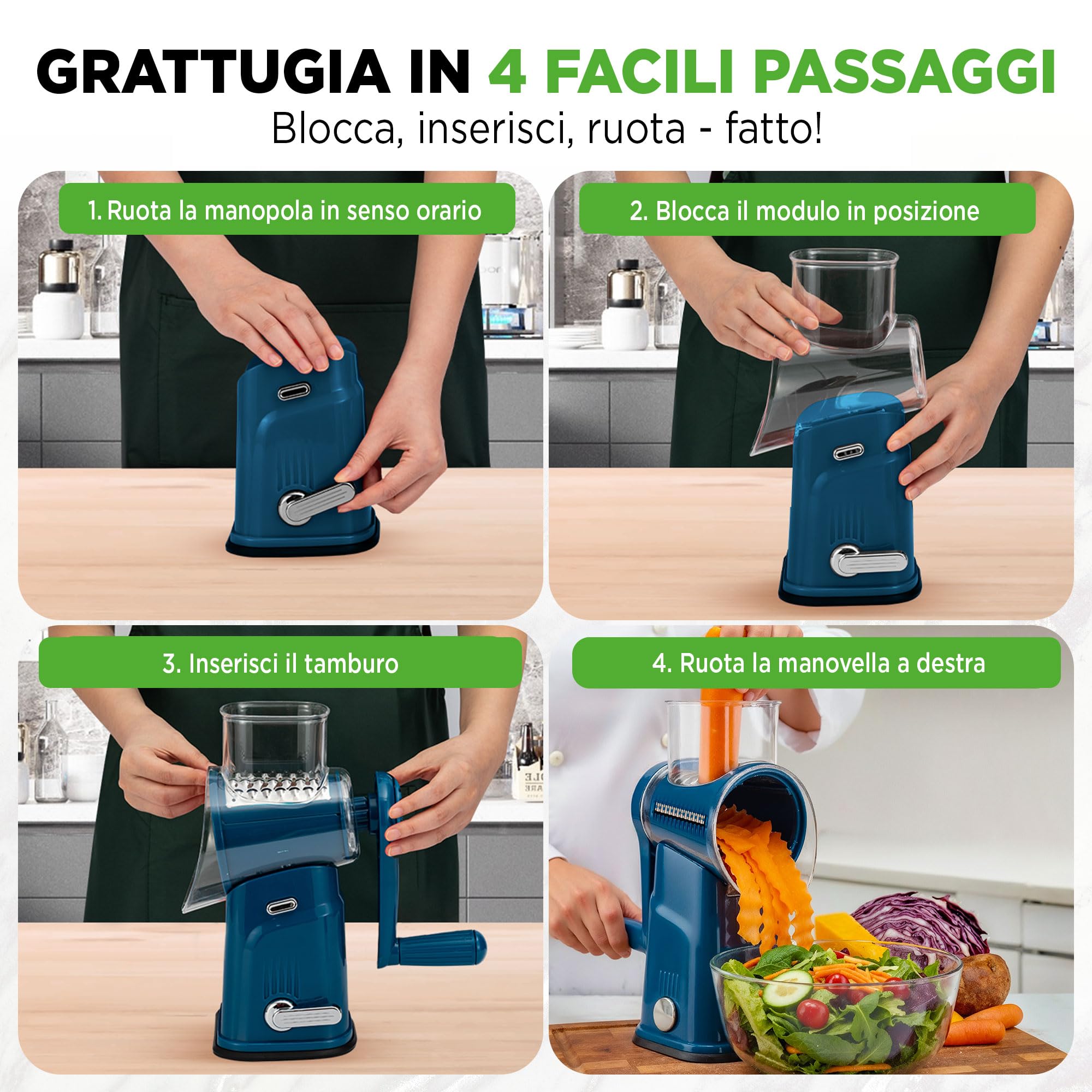 NutriChef Mandolina per Verdure 5 in 1 e Grattugia Formaggio per Cucina, Affetta Verdure con 5 Lame Intercambiabili, Manovella, Base a Ventosa e Contenitore, Accessori Cucina, Blu