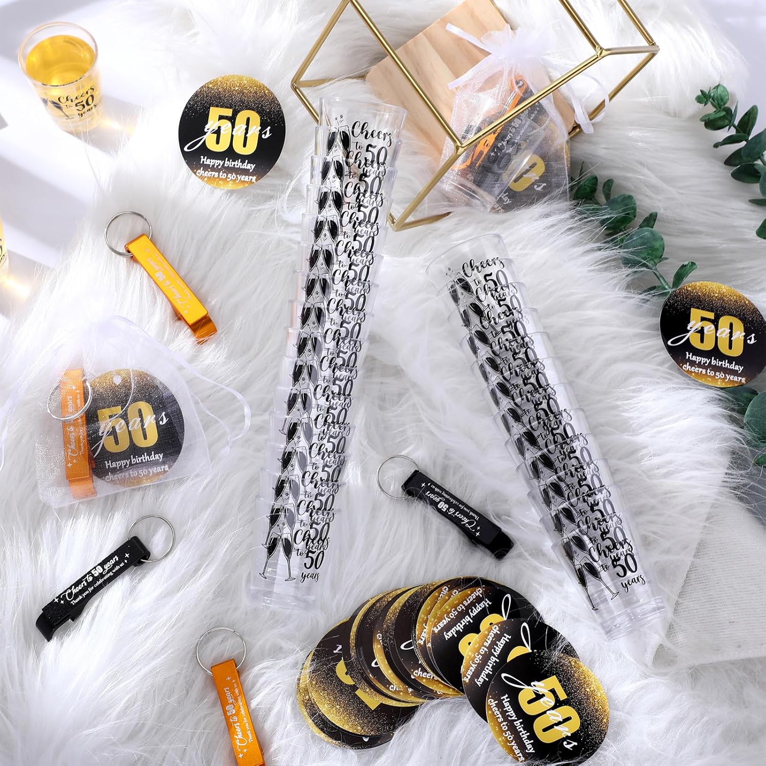 Havawish 50 Sets 50th Birthday Party Favors for Guests Birthday Beer Opener Keychain Cheers to 50 years 1.5oz Shot Glasses Unbreakable Gift Cards and Organza Bags for Anniversary Birthday Party