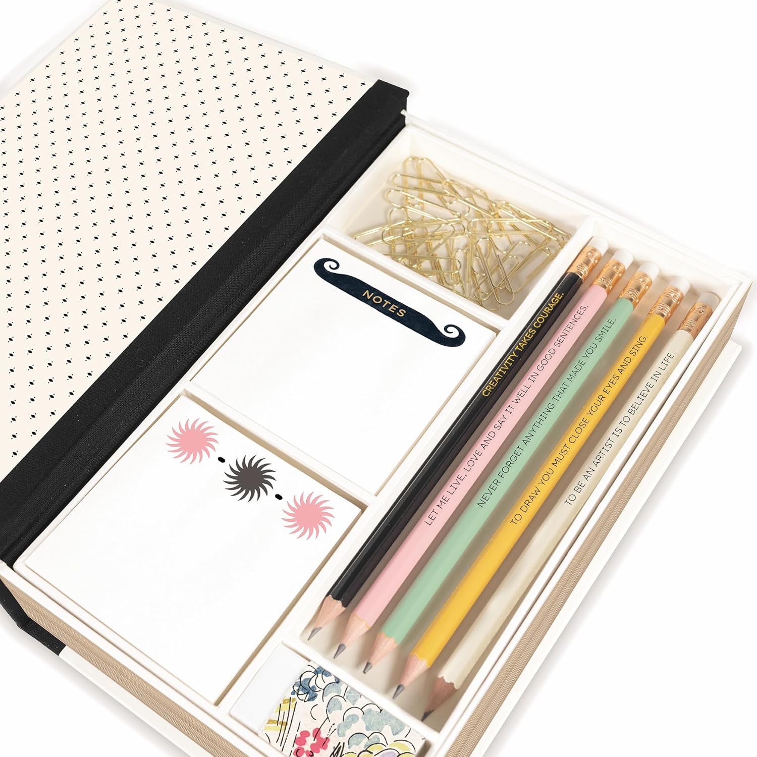 AMÉLIN ARCHIVE Tackle Box with Desk Supplies, Stationery Set with 5 Pencils, Eraser, 2 Sticky Note Pads, & Paper Clips, Moderne