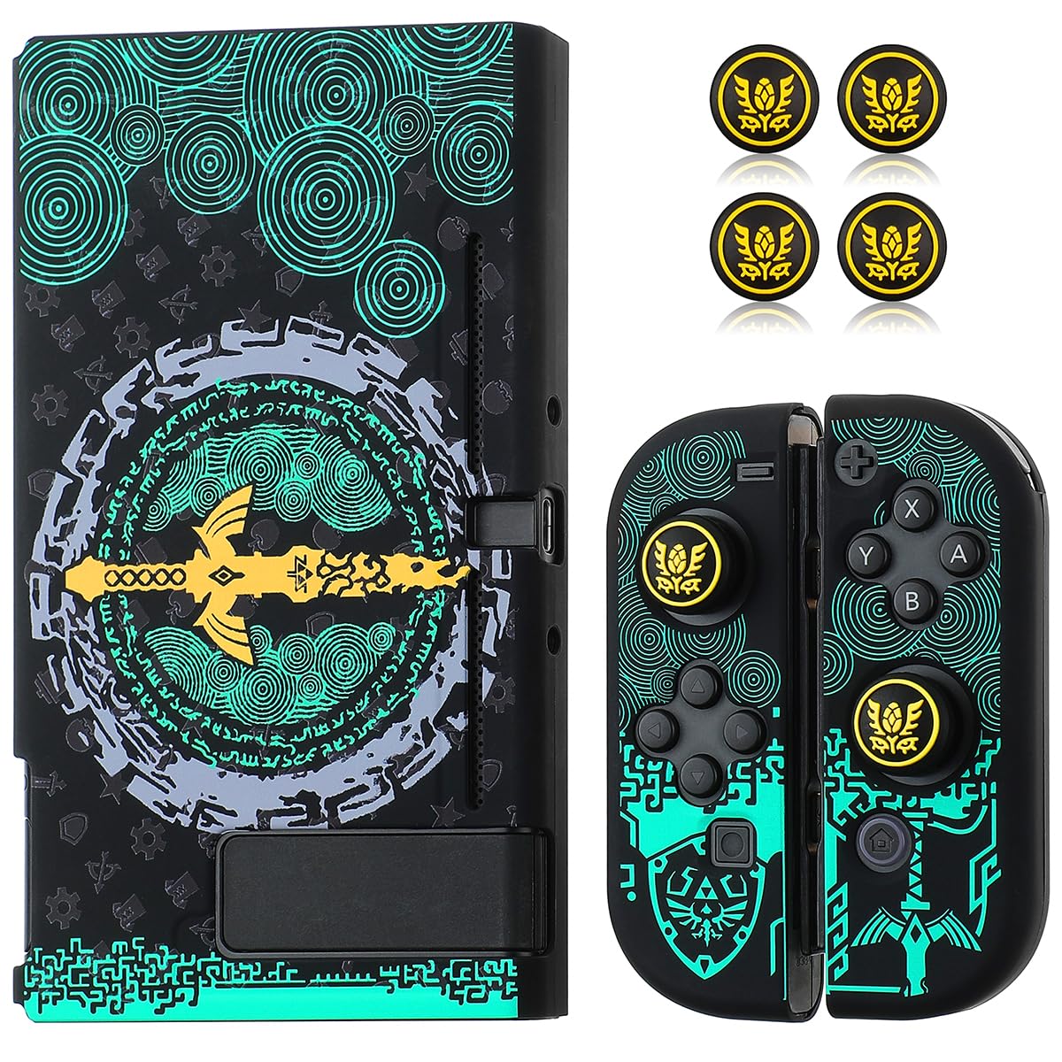 Étui de protection compatible avec Switch, coque rigide pour manettes Switch et Joy-Con avec 4 poignées de pouce, étui de transport Zelda Switch (Zelda larmes of The Kingdom)