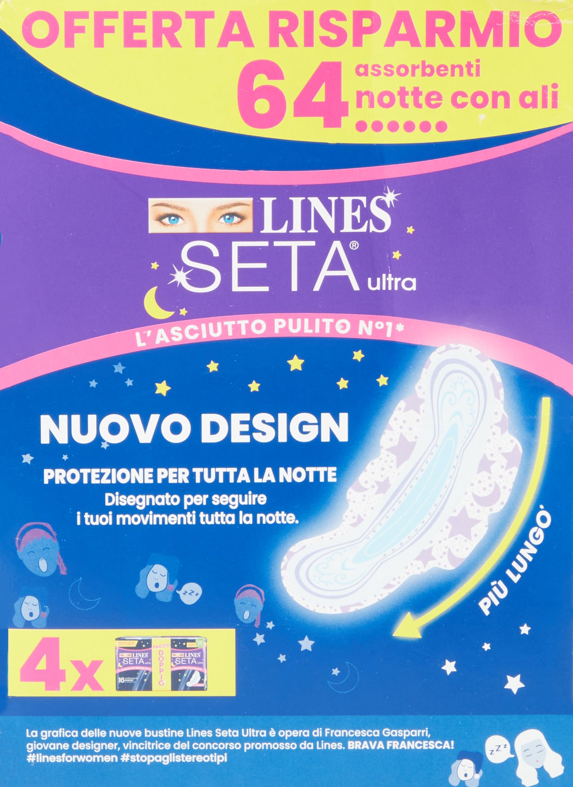 Lines Jedwab Ultra Noc Chłonne Skrzydła, Opakowanie 64 szt