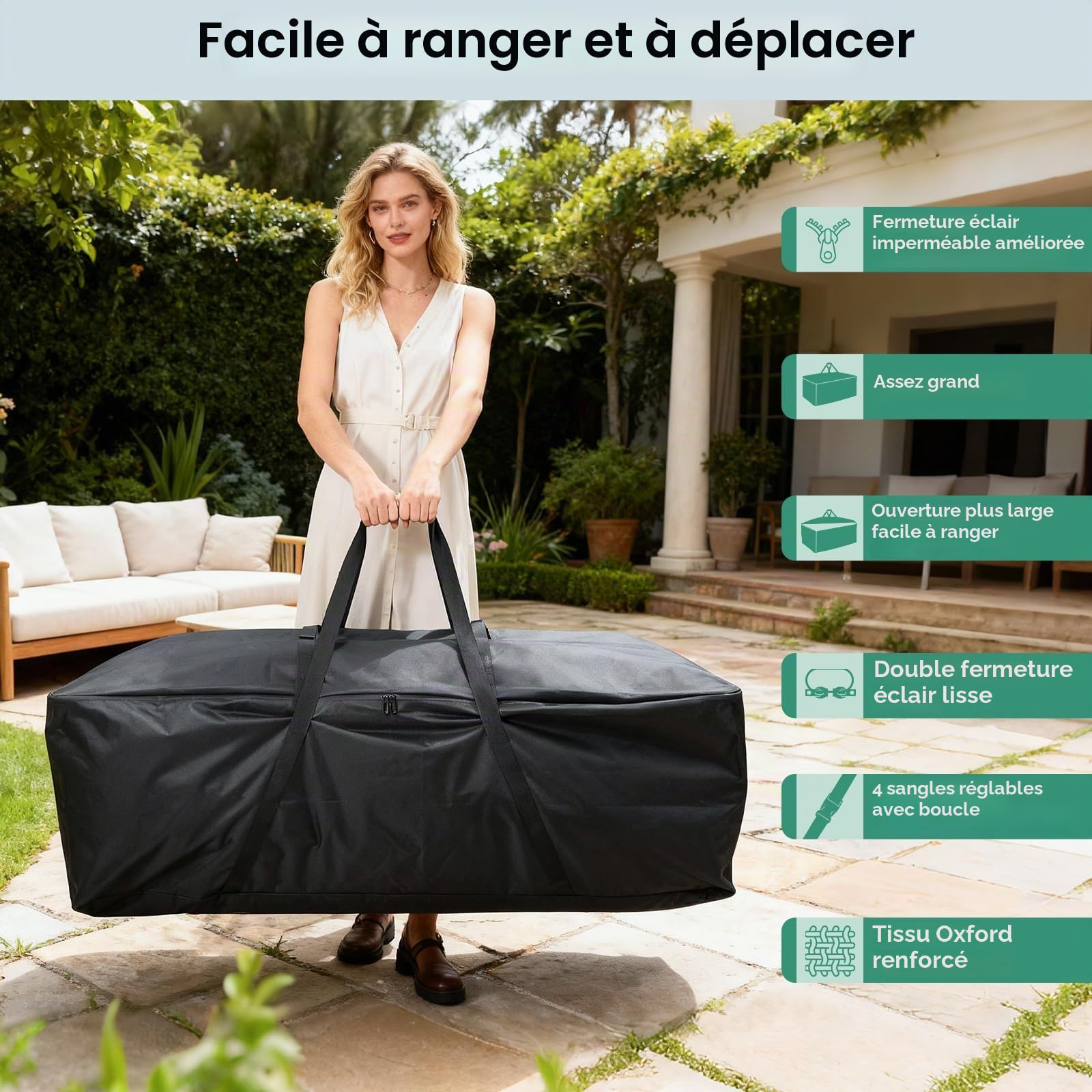 FAMIROSA Sac de Rangement pour Coussins de Jardin et Sac de Rangement imperméable, Anti-UV Tissu 600D Oxford, Fermeture éclair Durable et poignées pour Coussins d’extérieur (172x76x51cm)