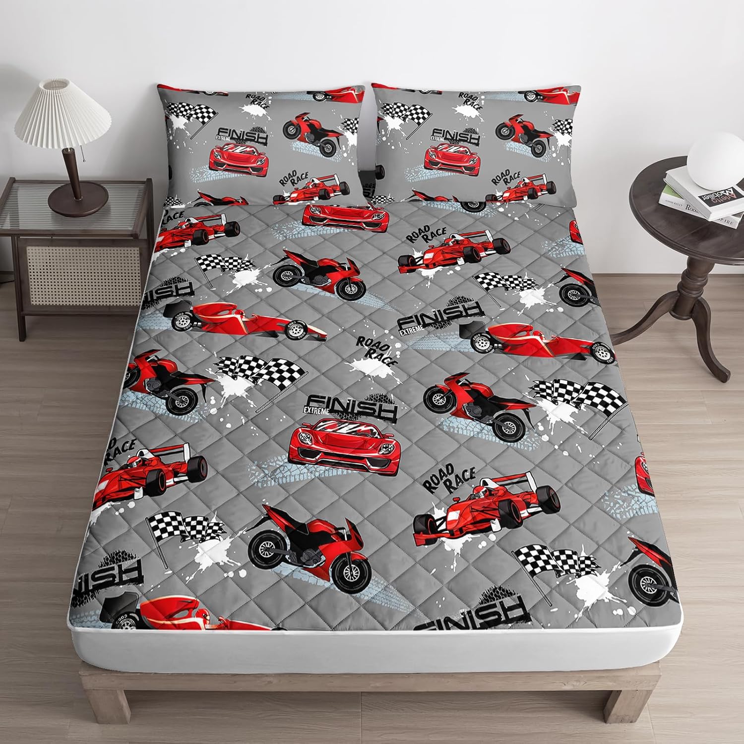 Axolotl Racing Cars Twin Mattress Cover,Red Cars Mattress Pad,Waterproof Mattress Protector,Breathable Mattress Pad Cover with Deep to 16" for Kids Boys Teens,1 Mattress Protector 2 Pillowcasess