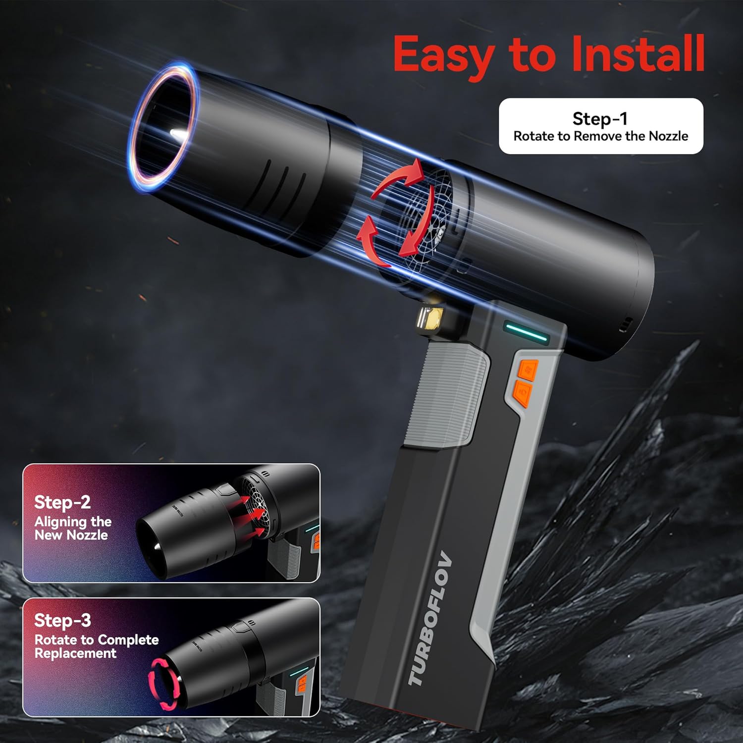 Cordless Car Dryer Air Blower, 1.6KG Turbo Thrust,4-Speed Rechargeable Electric Leaf Blower with LED Light,4000mAh Battery,64mm Turbo Fan&3 Nozzles for Car Drying,Leaves (Silent Black)