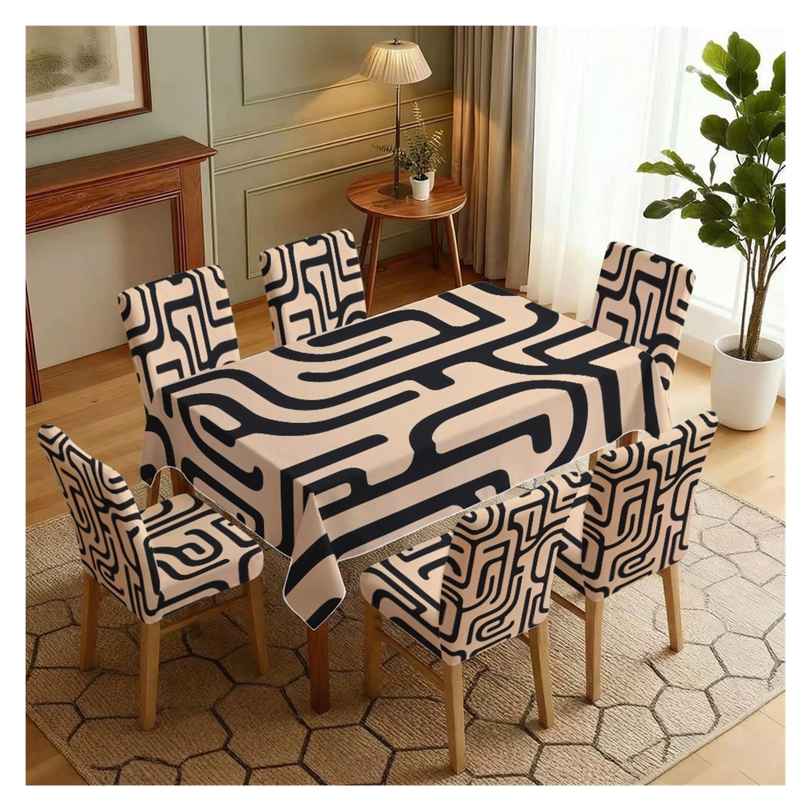 BOSUYBN Mid-Century Geometric Line Dining Tablecloth & Chair Cover Set, 5/7 Piece Abstract Retro Slipcovers For Modern Neutral Home Table Setting(7pcs Set: Tablecloth+Chair Covers)