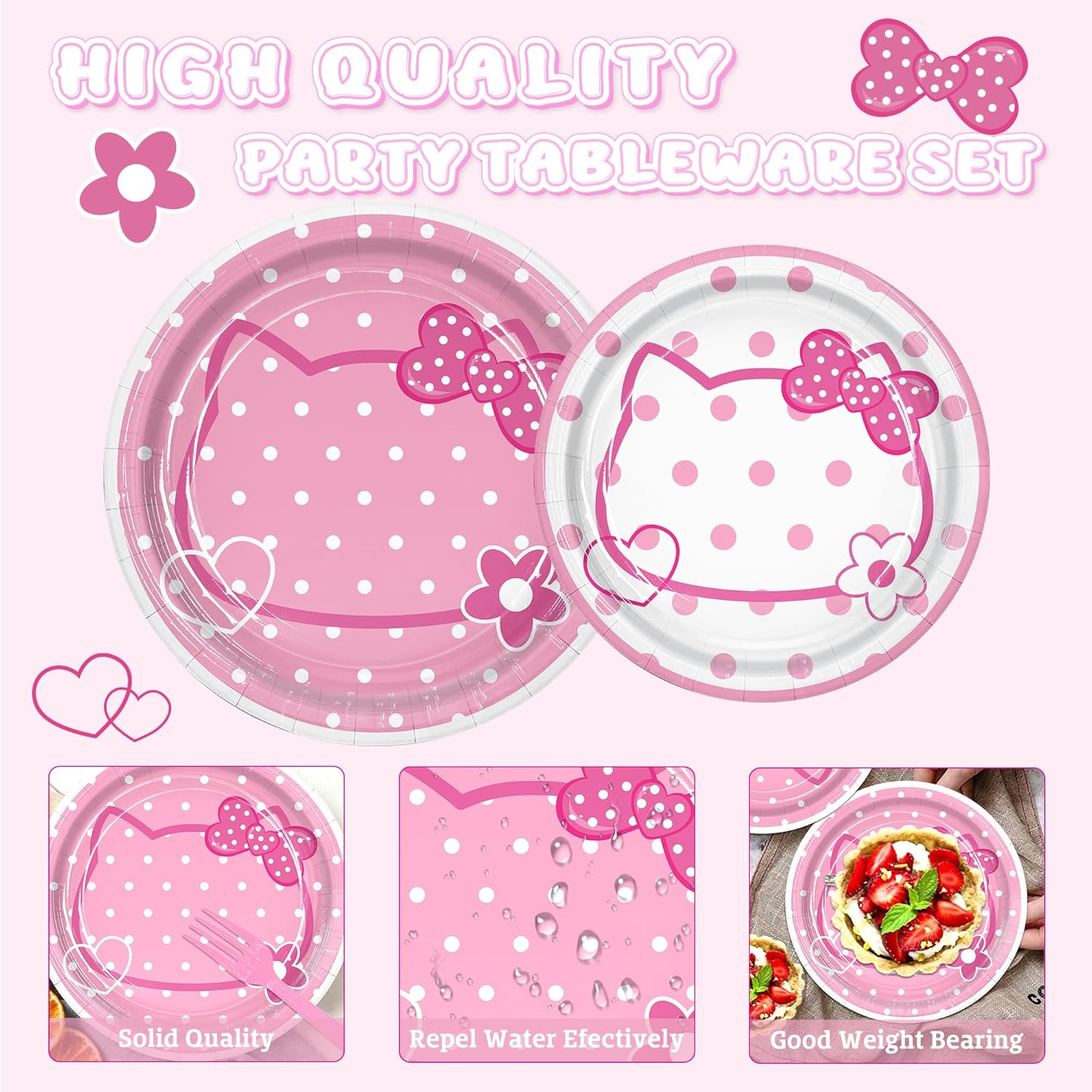161PC Pink kittens Birthday Party Supplies Kit - Includes Pink Cat Dot Plates Napkins Cups Tablecloth Straws Forks Spoons Knives for Girls Party, Baby Shower, Cute Kattyy Decorations serve 20 Guests