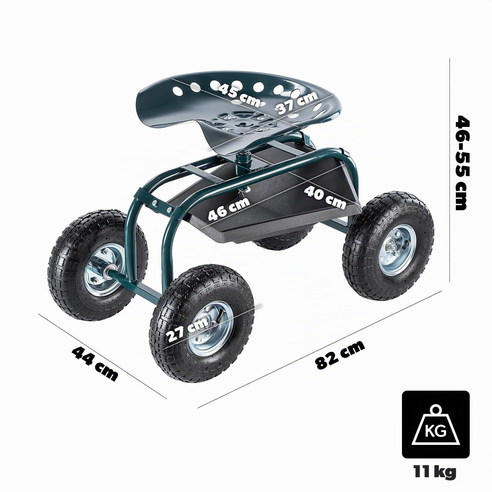 KADAX Siège roulant de jardin pour le jardinage - Chariot de jardin avec étagère pratique - Siège de jardin mobile - Tabouret de jardin sur roulettes (vert - noir)