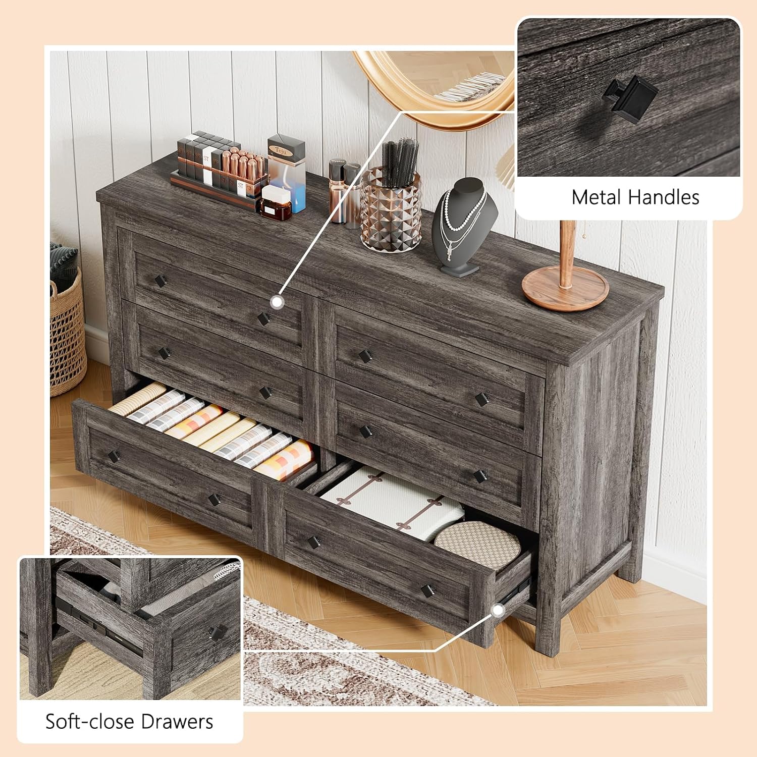Close-up of dresser drawers with metal handles and soft-close mechanism