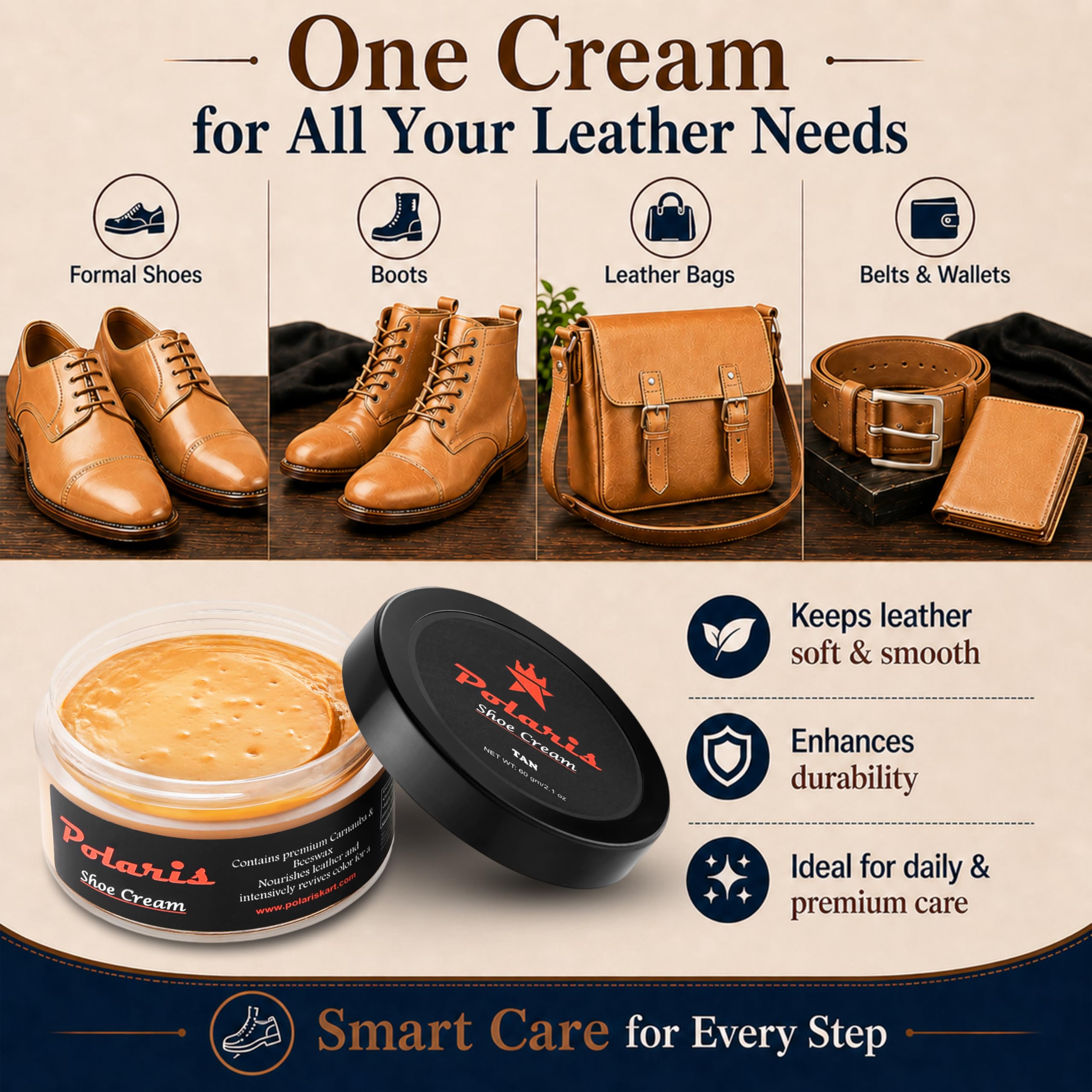 polaris Shoe Cream Tan 60gm | Premium Leather Shoe Polish & Shoe Shine Cream | Long Lasting Leather Conditioner Shoes & Shoe Color Restorer for Formal Shoes, Boots, Bags & Belts 2