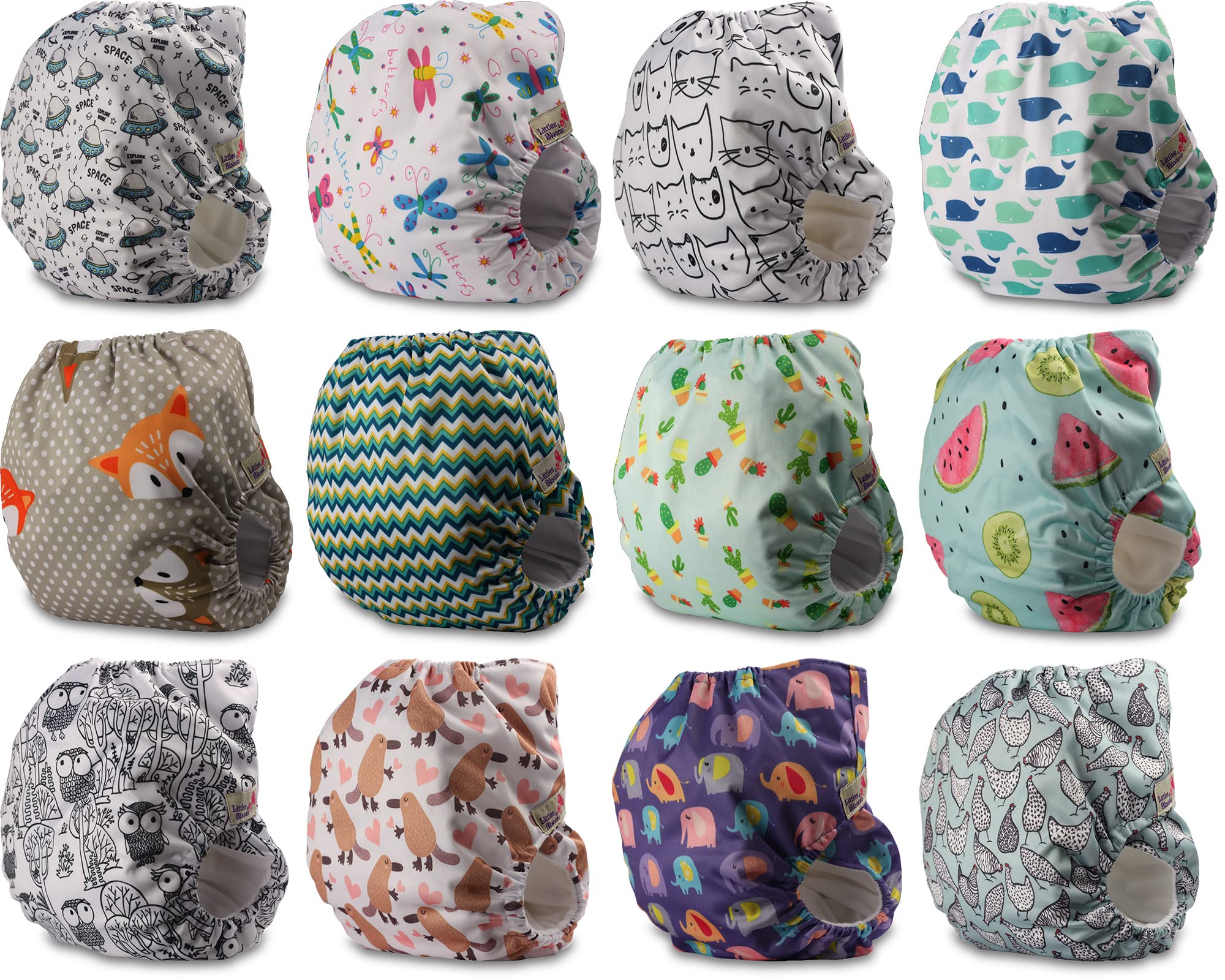 Littles & Bloomz Lot de 12 Bébé Couches Réutilisables en Tissu Couche Lavable à Poche avec Bouton Pression, FLP2-1203