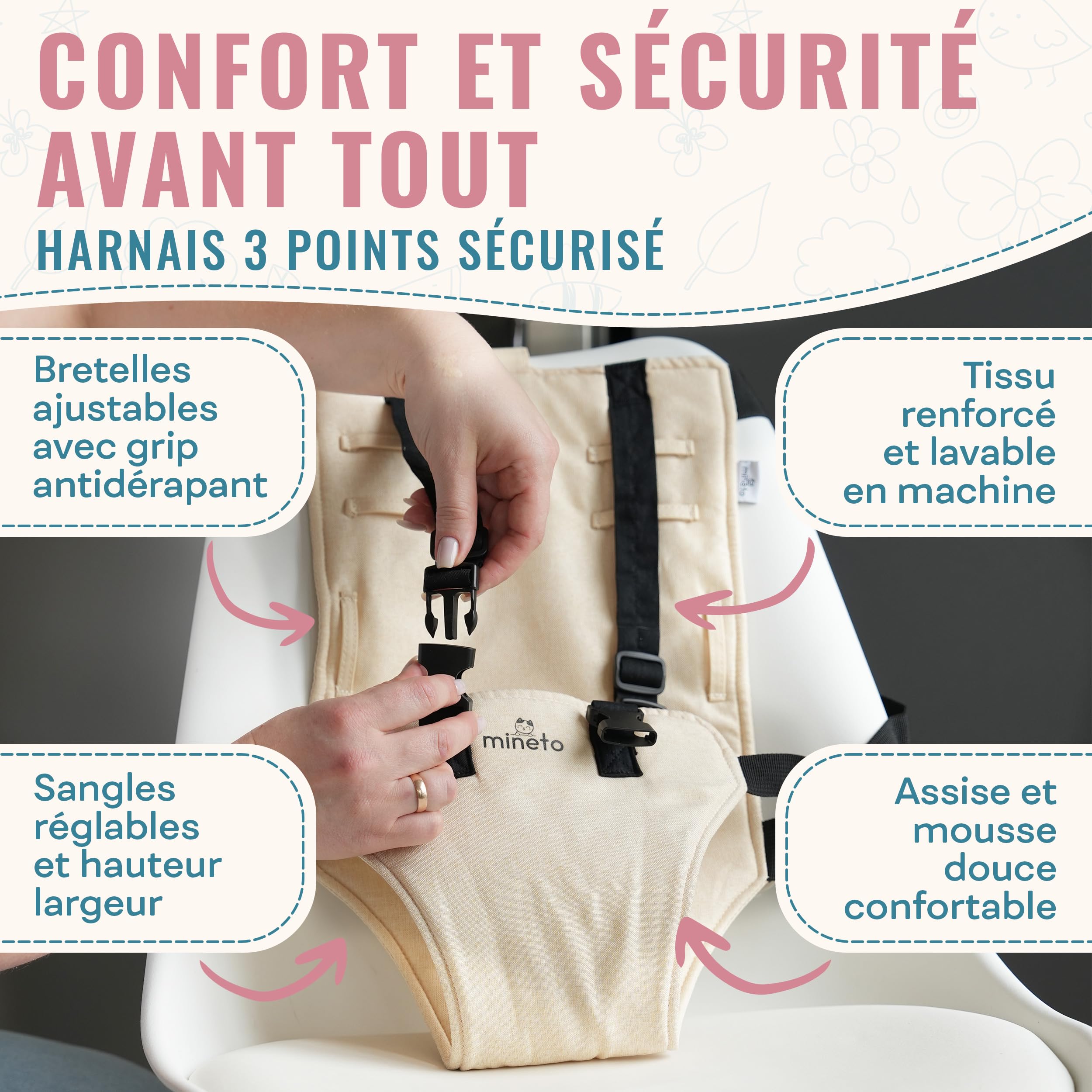 Mineto Chaise Nomade Bebe Portable Ultra-Légère, Harnais Sécurisé 3 Points, Rehausseur chaise enfant de voyage Facile à Transporter, Siege Bebe Assis de 6 Mois à 3 Ans, Lavable et Universel Beige